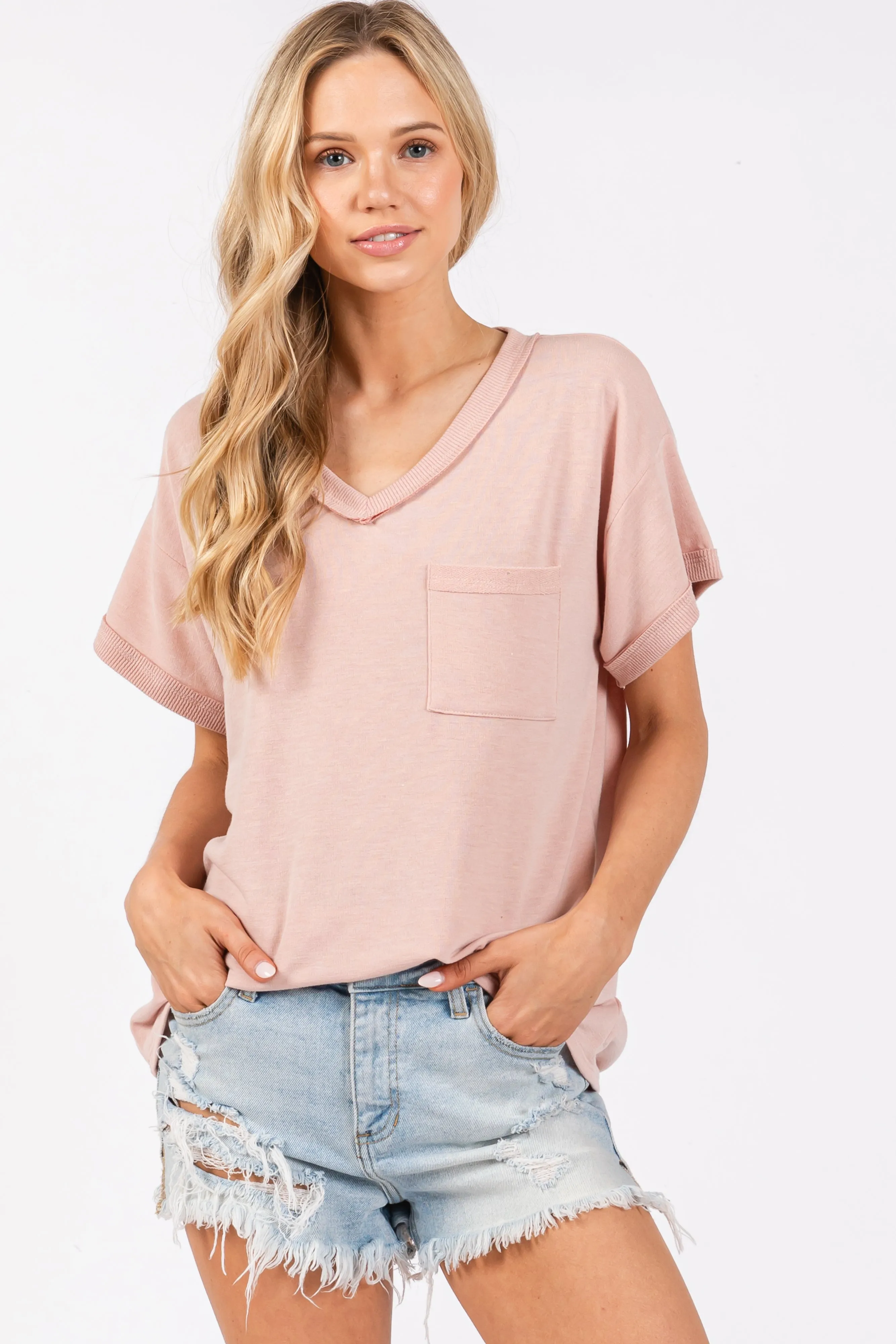 Light Pink Front Pocket Short Sleeve Top sold by Pinkblush