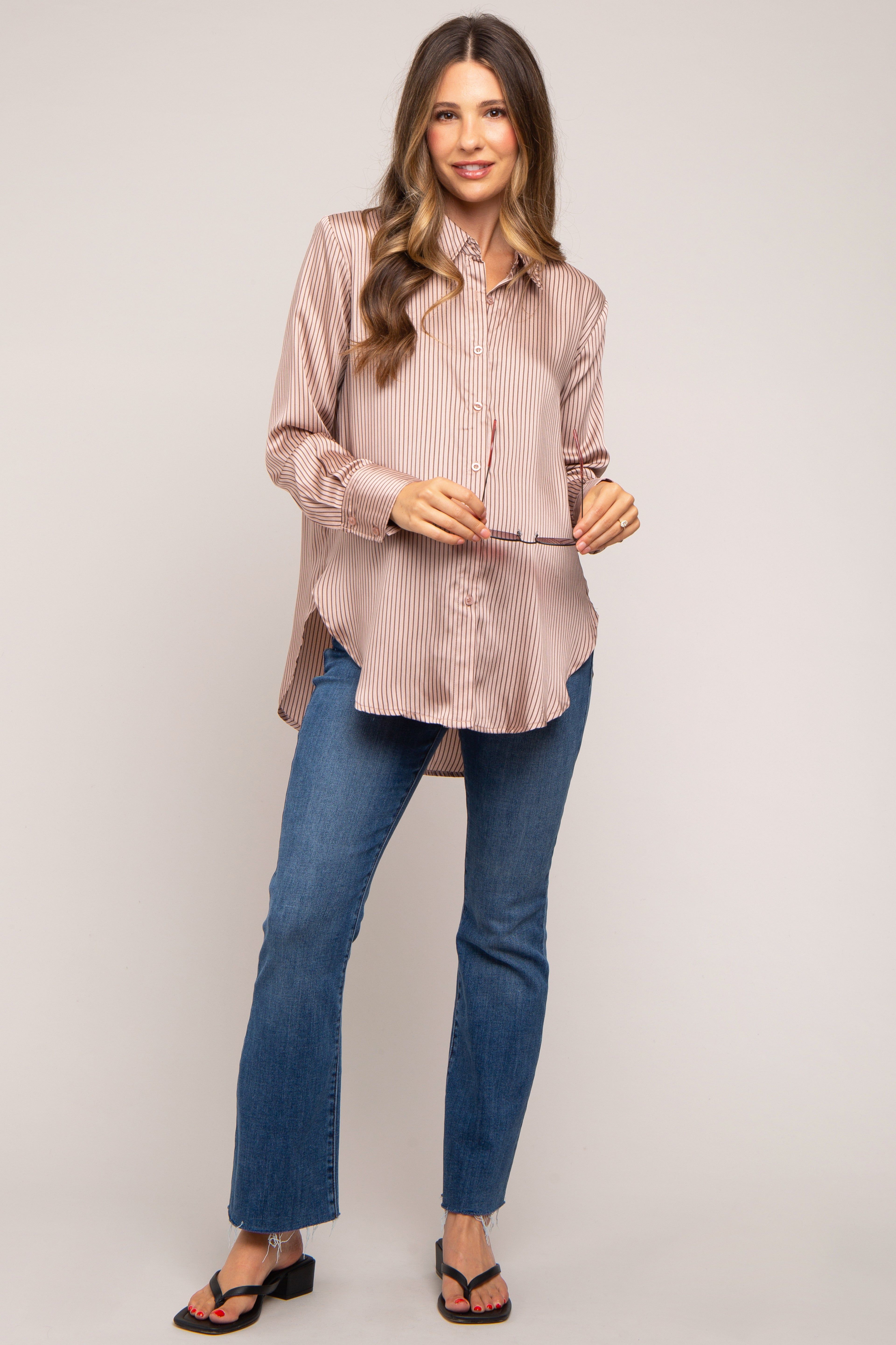 Mauve Striped Satin Maternity Button Up Top sold by Pinkblush