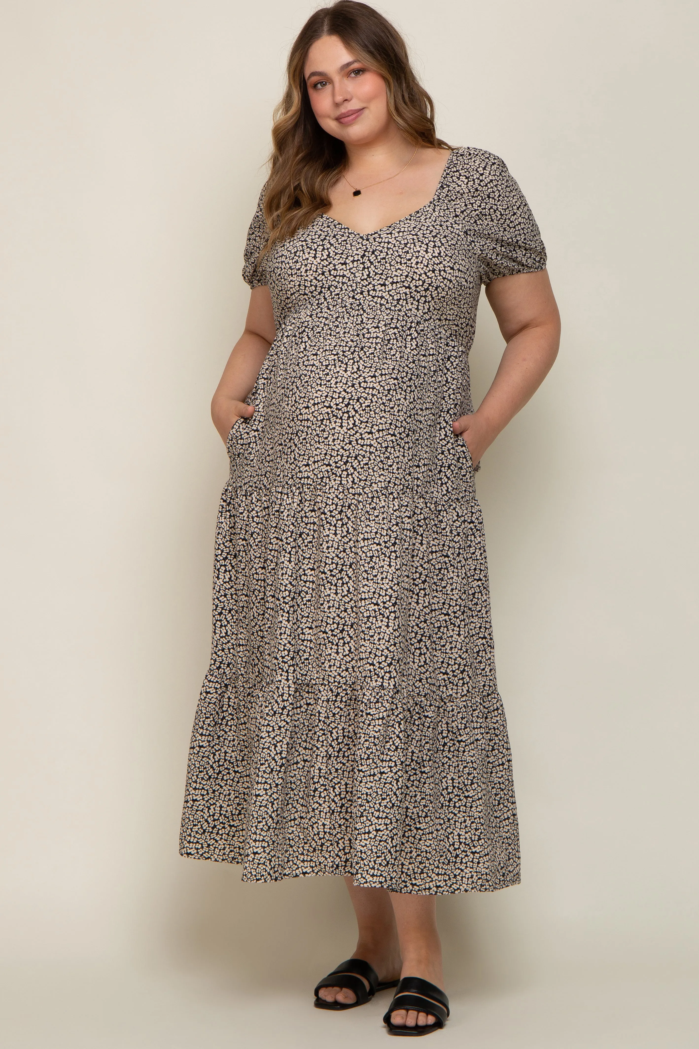 Black Floral Puff Sleeve Maternity Plus Maxi Dress sold by Pinkblush product image thumbnail 5