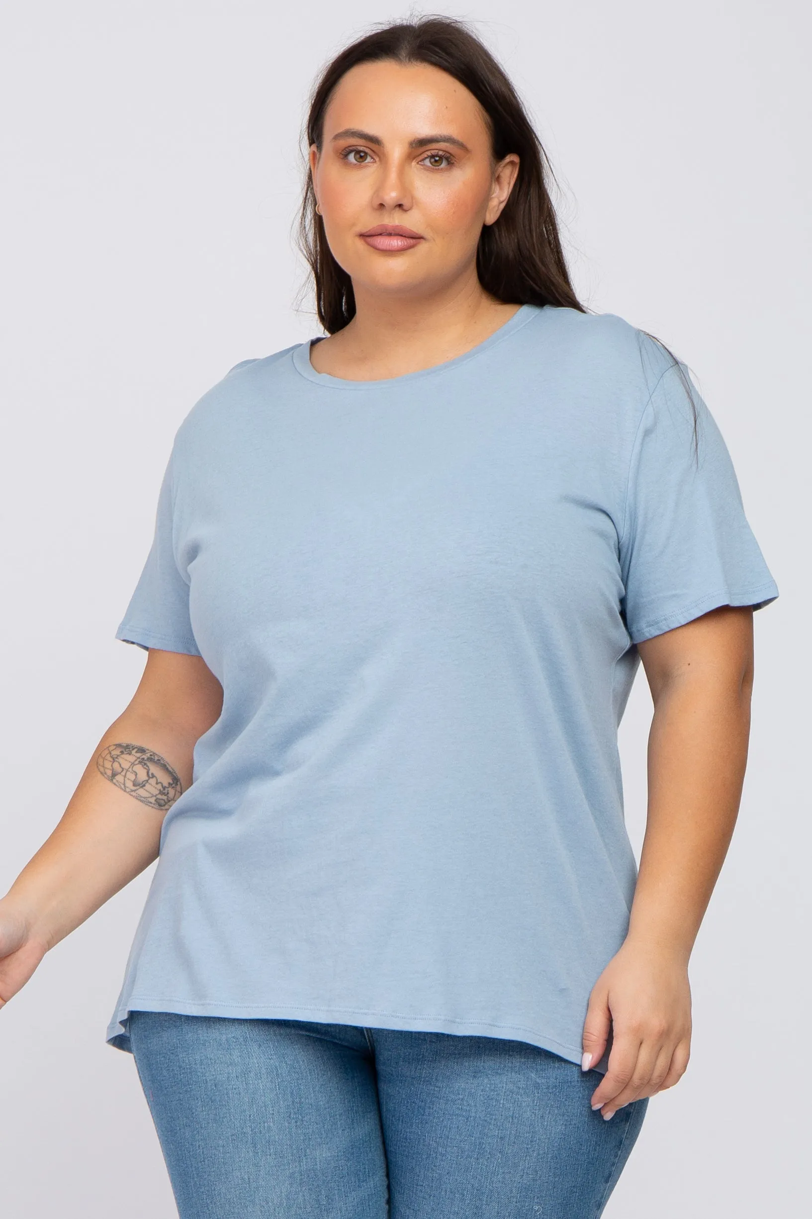 Blue Solid Short Sleeve Plus Top sold by Pinkblush