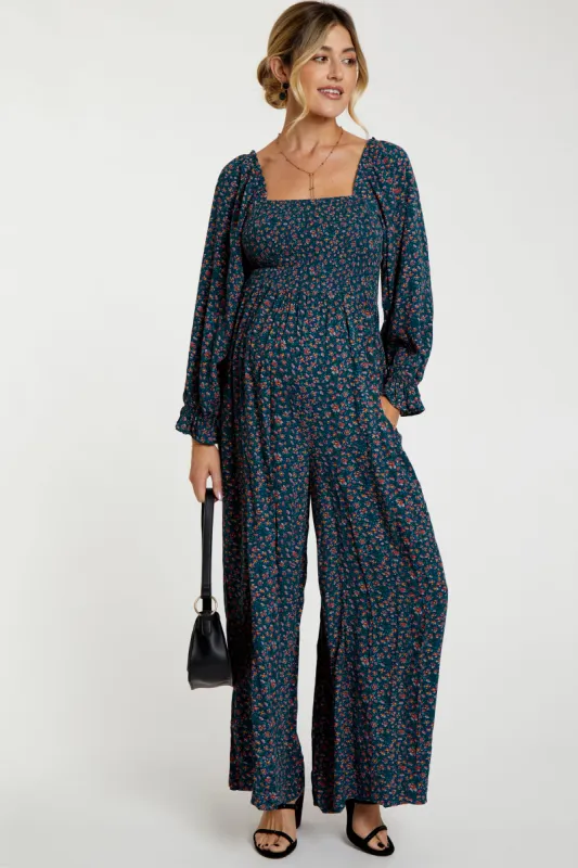 Dark Teal Floral Smocked Wide Leg Maternity Jumpsuit sold by Pinkblush