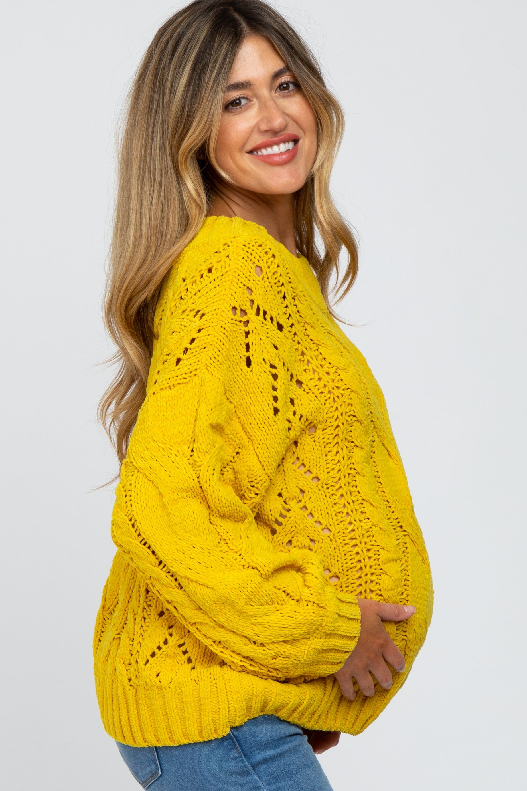 Yellow Cable Knit Off Shoulder Bubble Sleeve Maternity Sweater sold by Pinkblush product image thumbnail 3