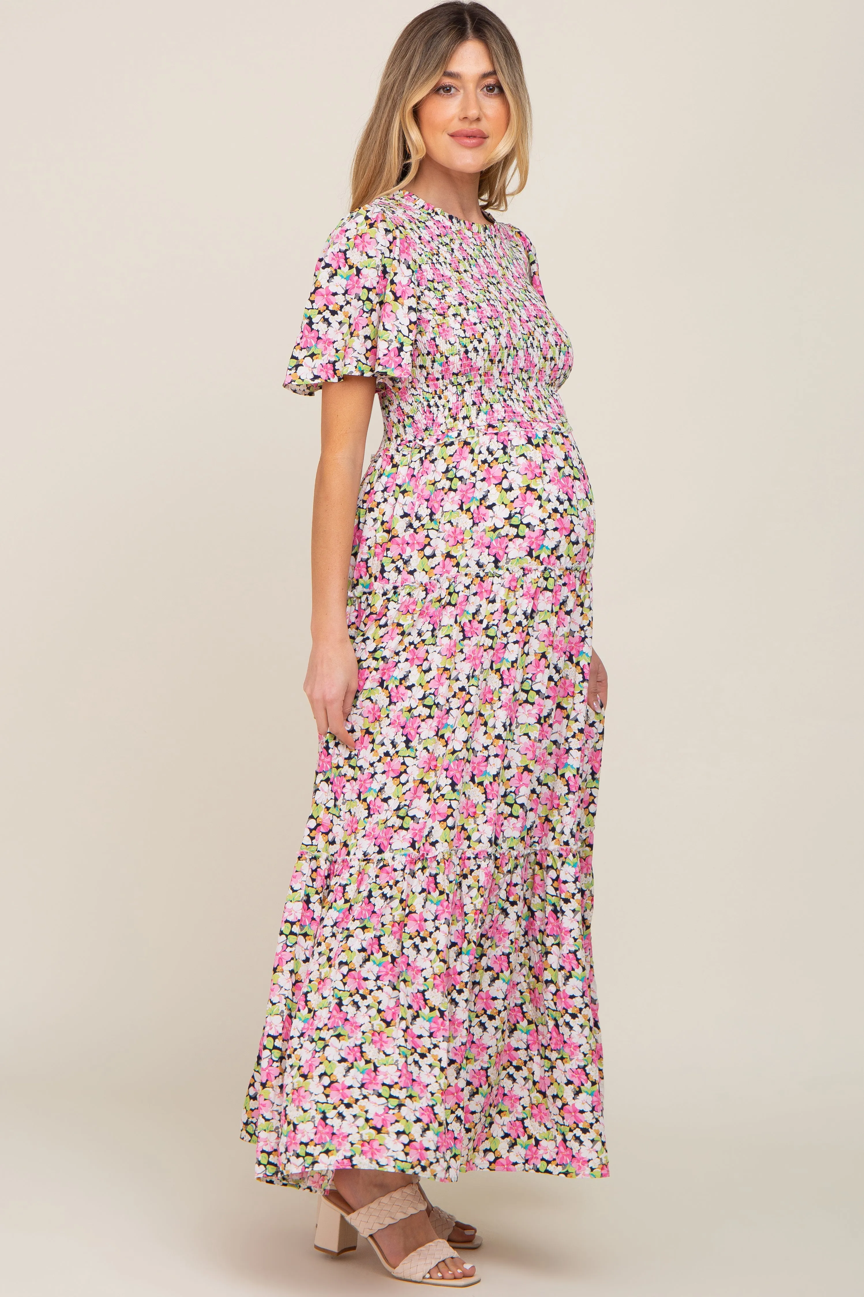 Black Floral Smocked Tiered Maternity Maxi Dress sold by Pinkblush product image thumbnail 2