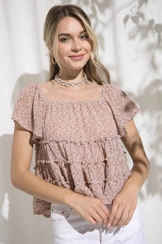 Dusty Rose Floral Tier Ruffled Top sold by Pinkblush