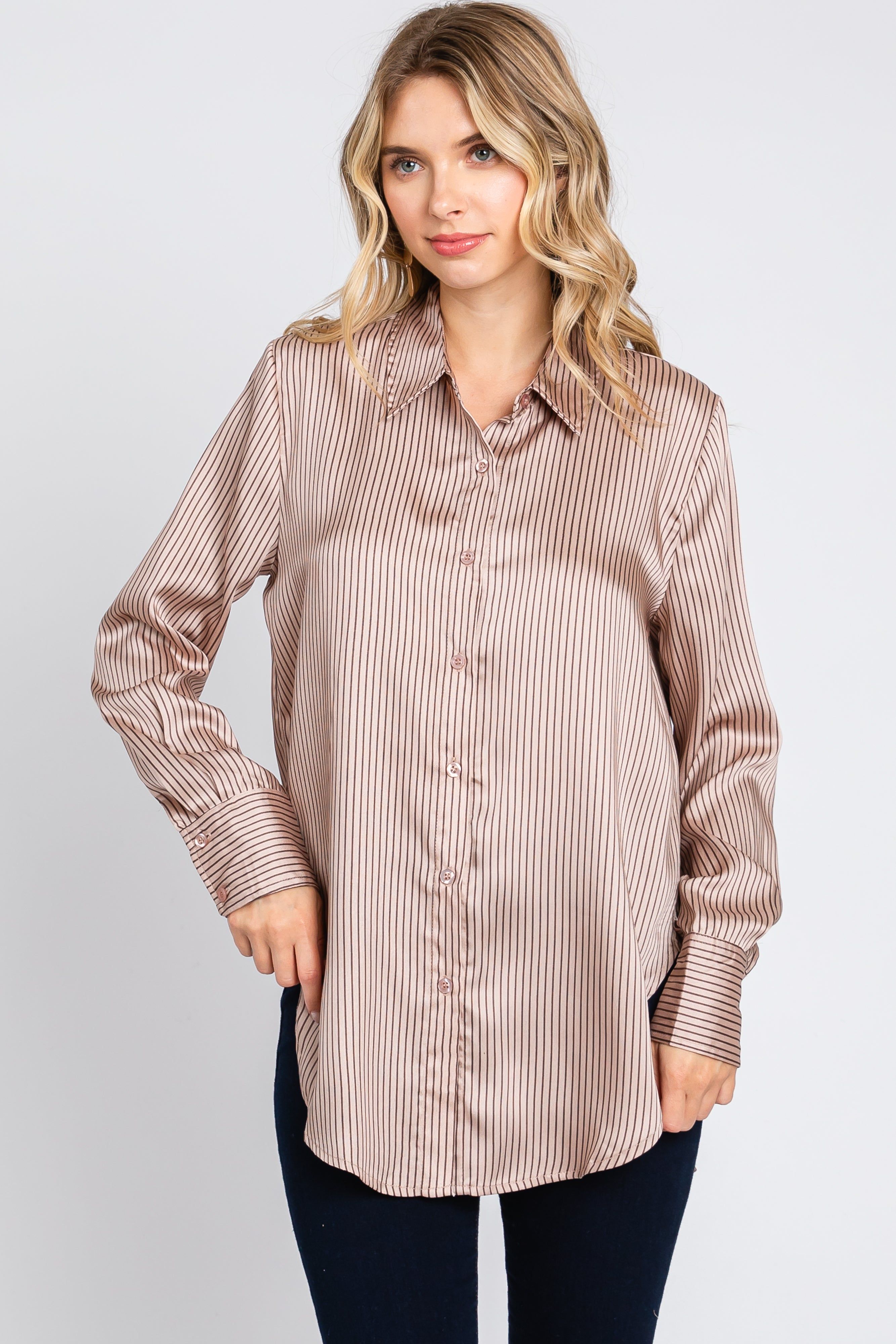 Mauve Striped Satin Maternity Button Up Top sold by Pinkblush product image thumbnail 5