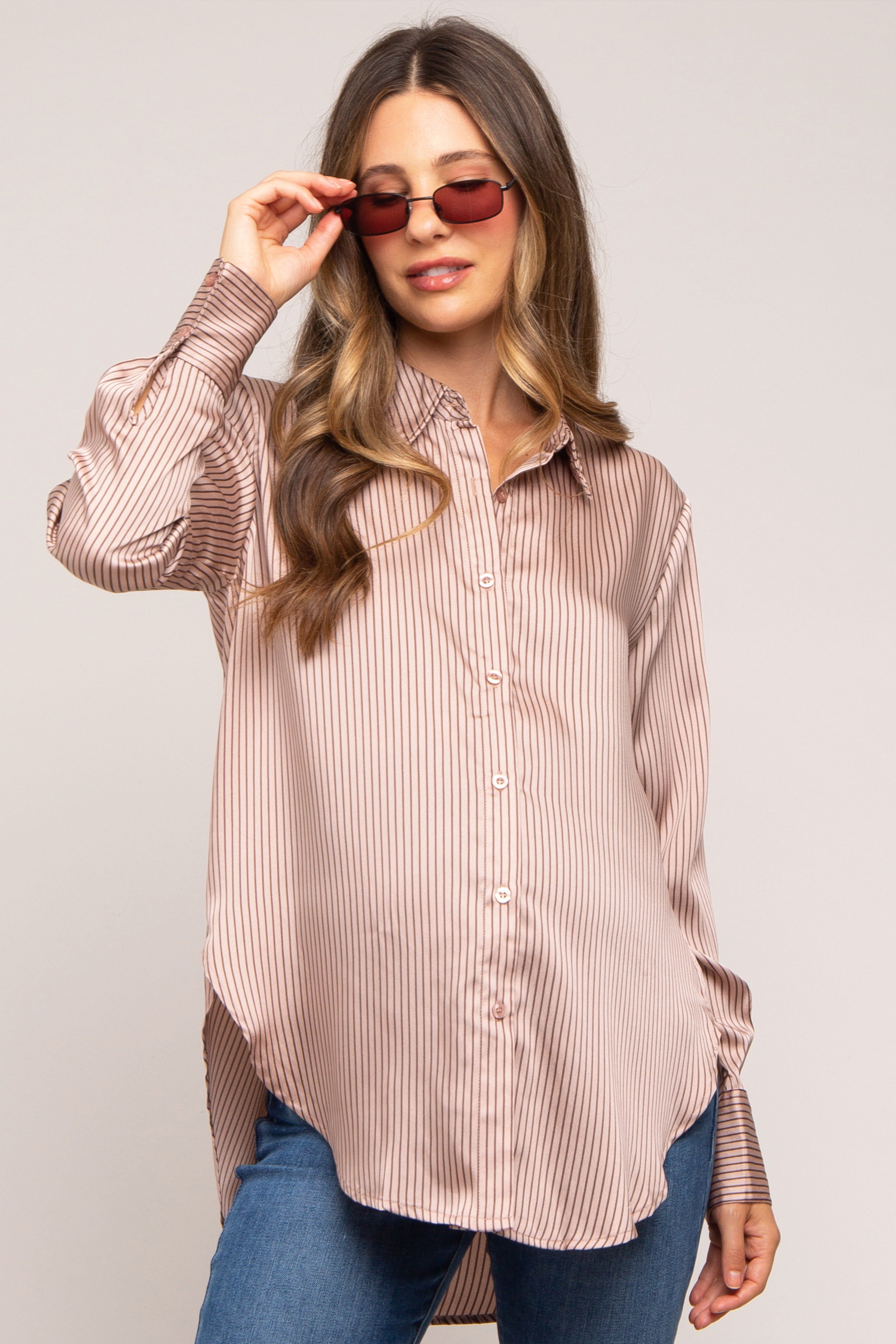 Mauve Striped Satin Maternity Button Up Top sold by Pinkblush product image thumbnail 2
