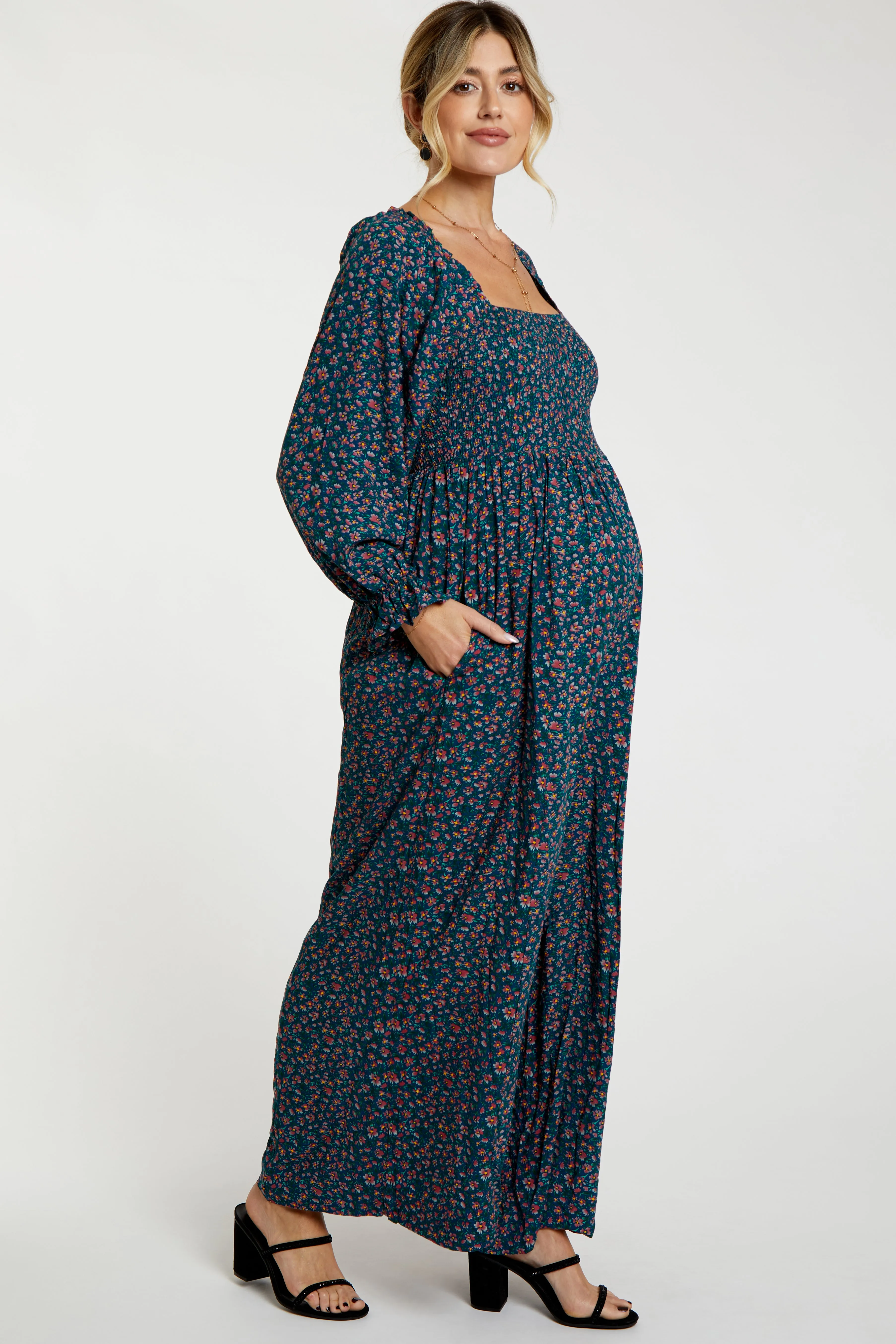 Dark Teal Floral Smocked Wide Leg Maternity Jumpsuit sold by Pinkblush product image thumbnail 2