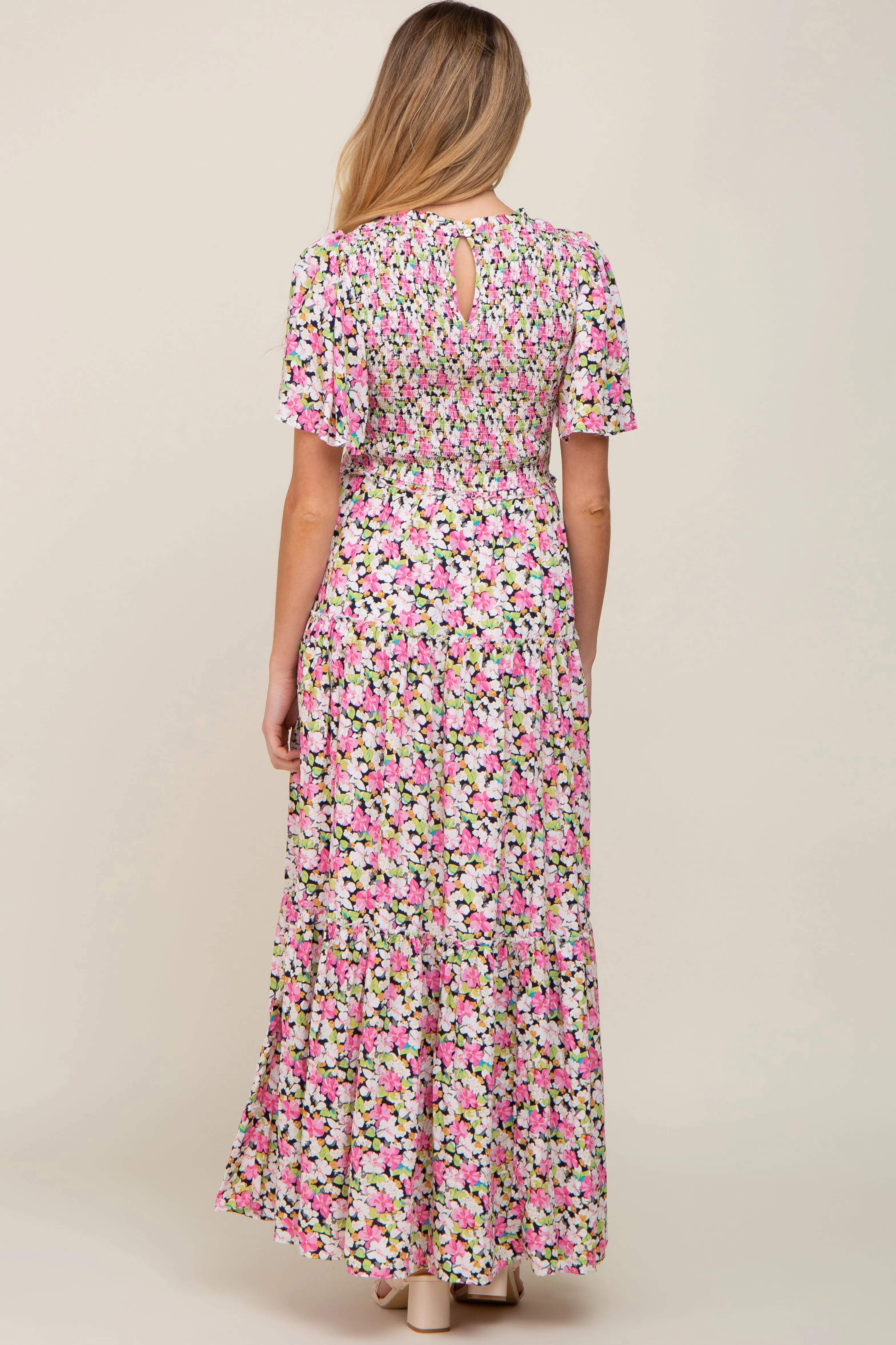 Black Floral Smocked Tiered Maternity Maxi Dress sold by Pinkblush product image thumbnail 3