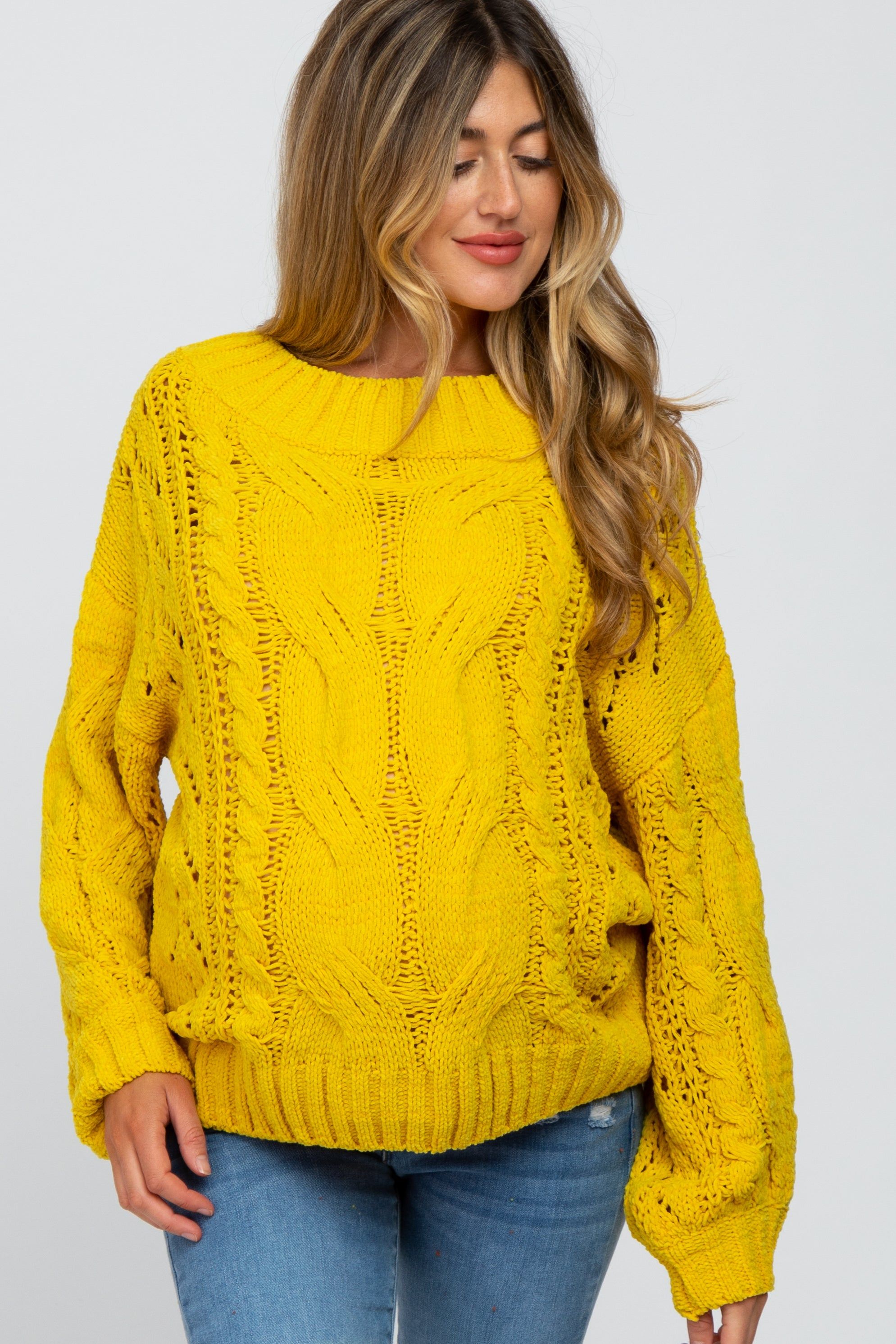 Yellow Cable Knit Off Shoulder Bubble Sleeve Maternity Sweater sold by Pinkblush