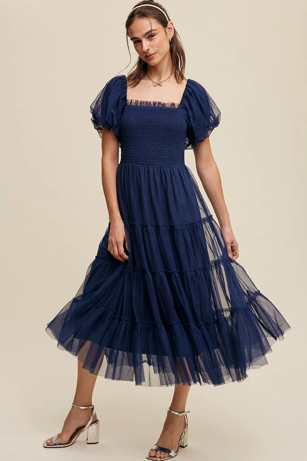 Navy Smocked Tiered Tulle Midi Dress sold by Pinkblush