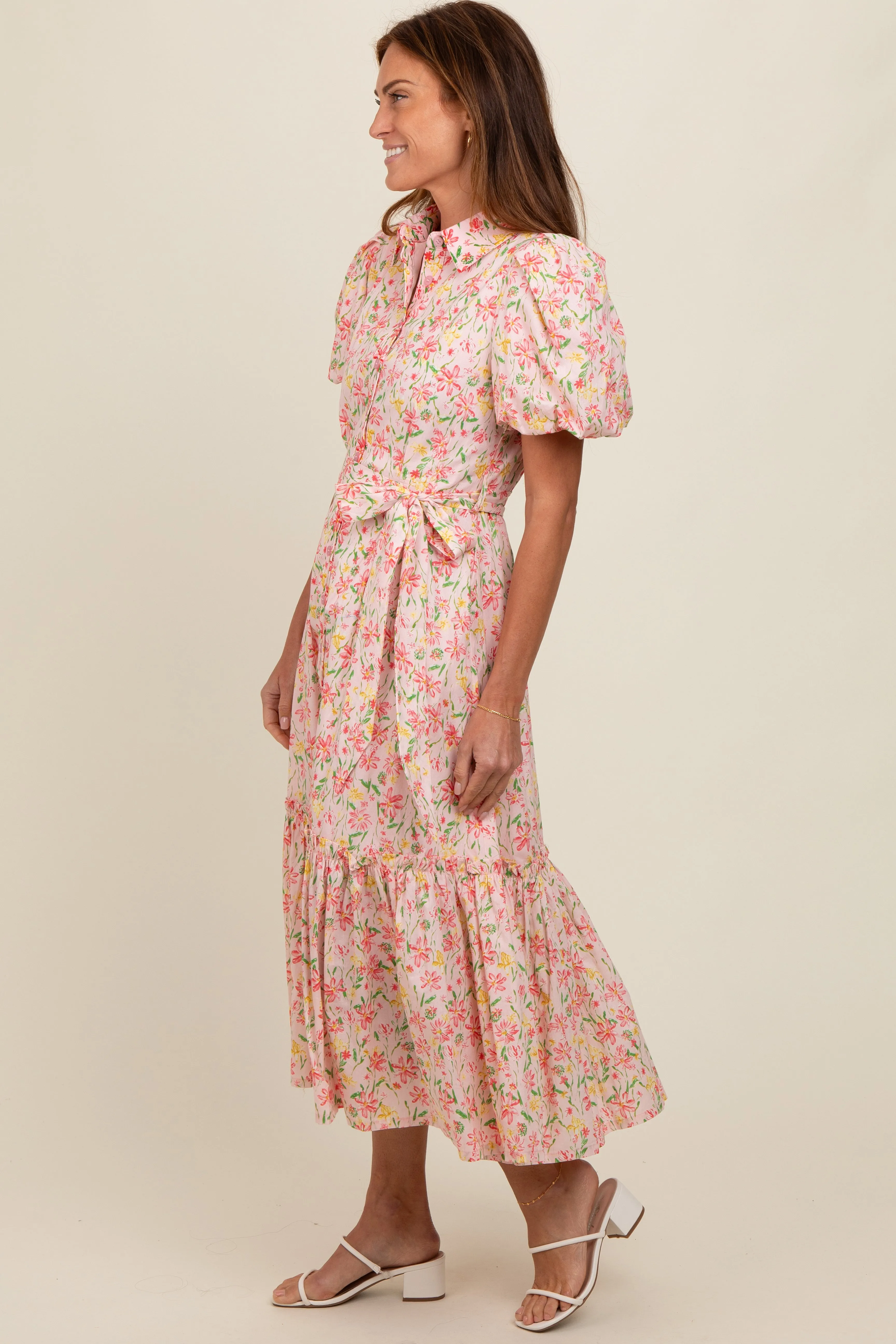 Pink Floral Puff Sleeve Button Down Midi Dress sold by Pinkblush product image thumbnail 2
