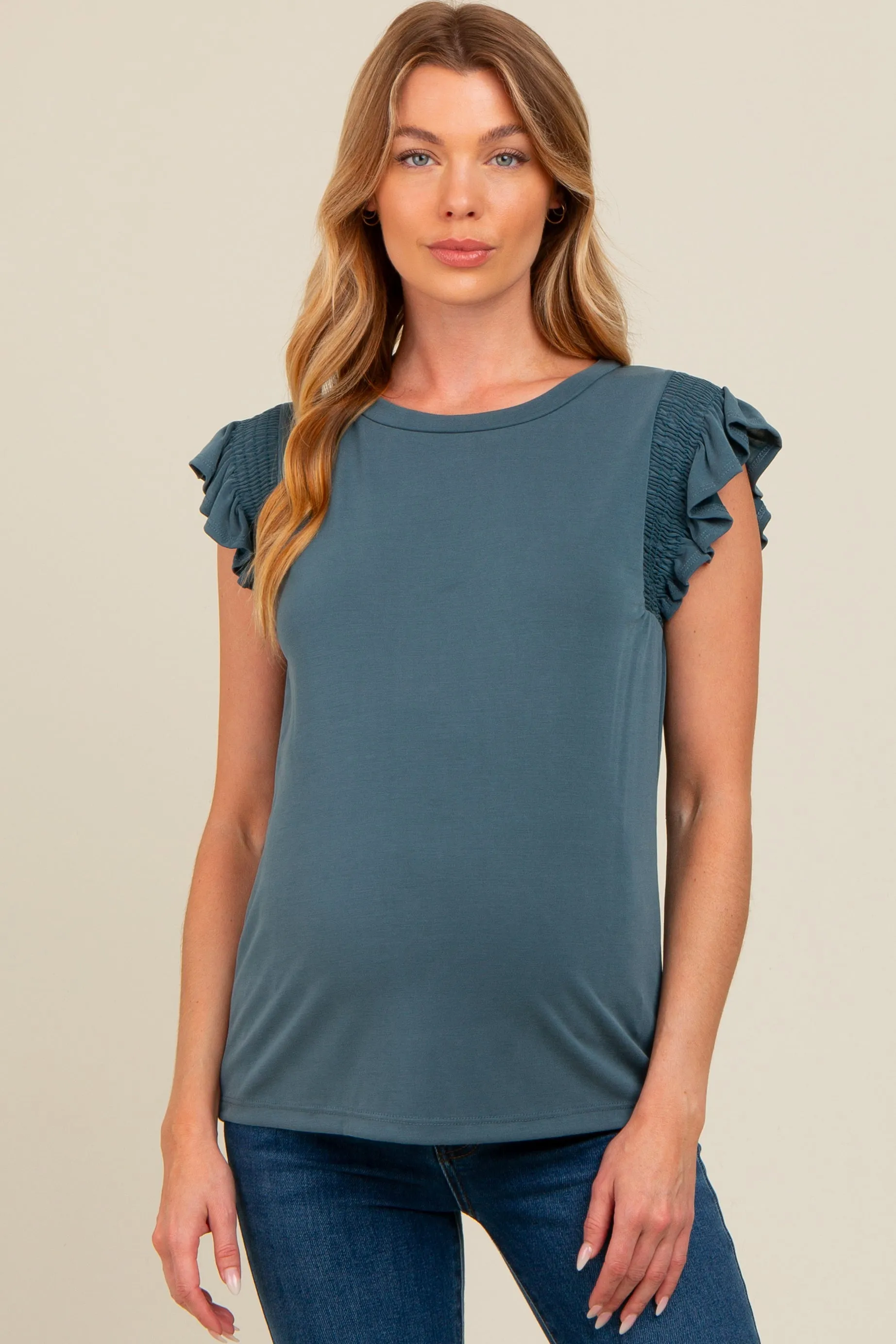 Deep Teal Smocked Ruffle Sleeve Maternity Top sold by Pinkblush