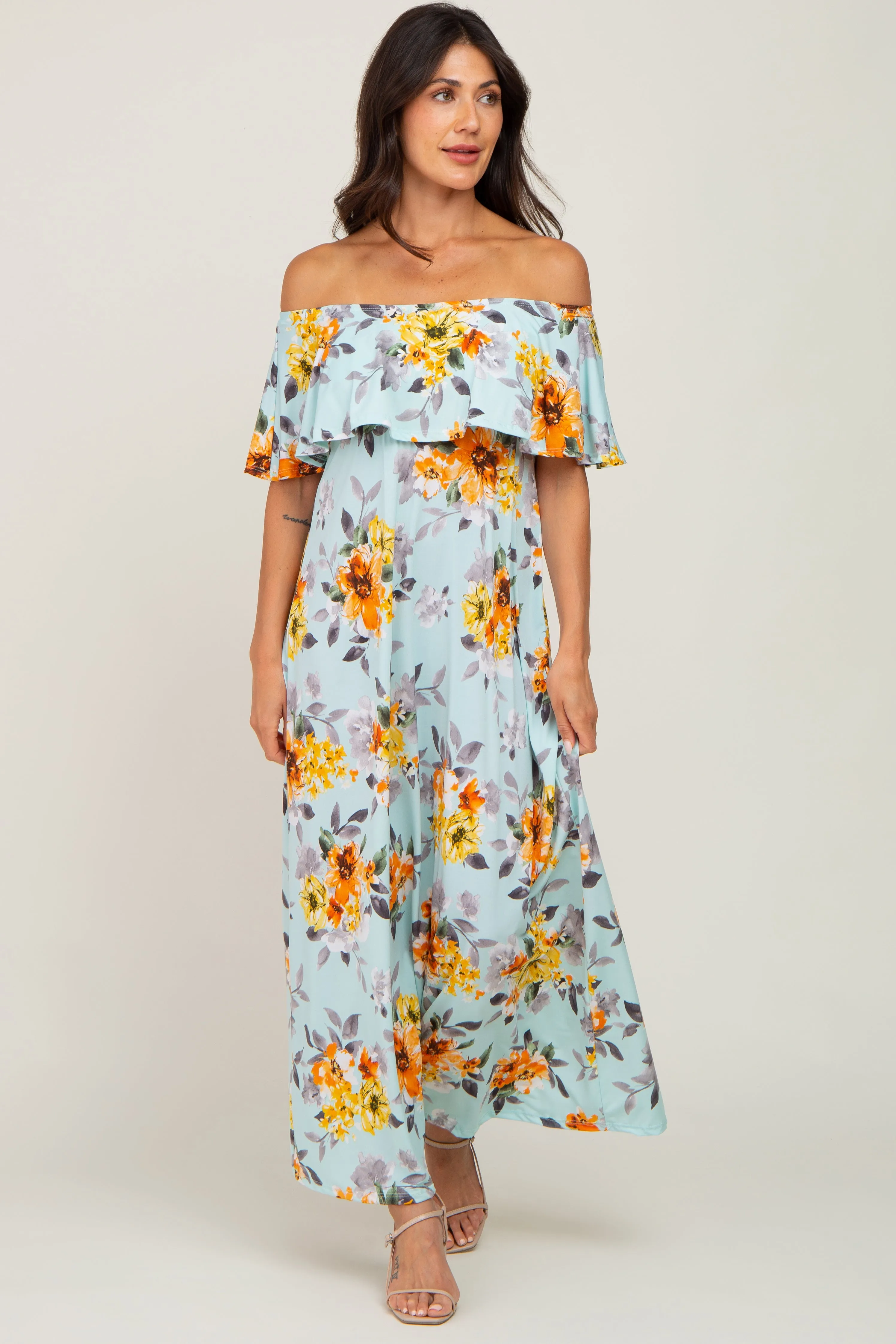 Light Blue Floral Off Shoulder Maternity Maxi Dress sold by Pinkblush product image thumbnail 4