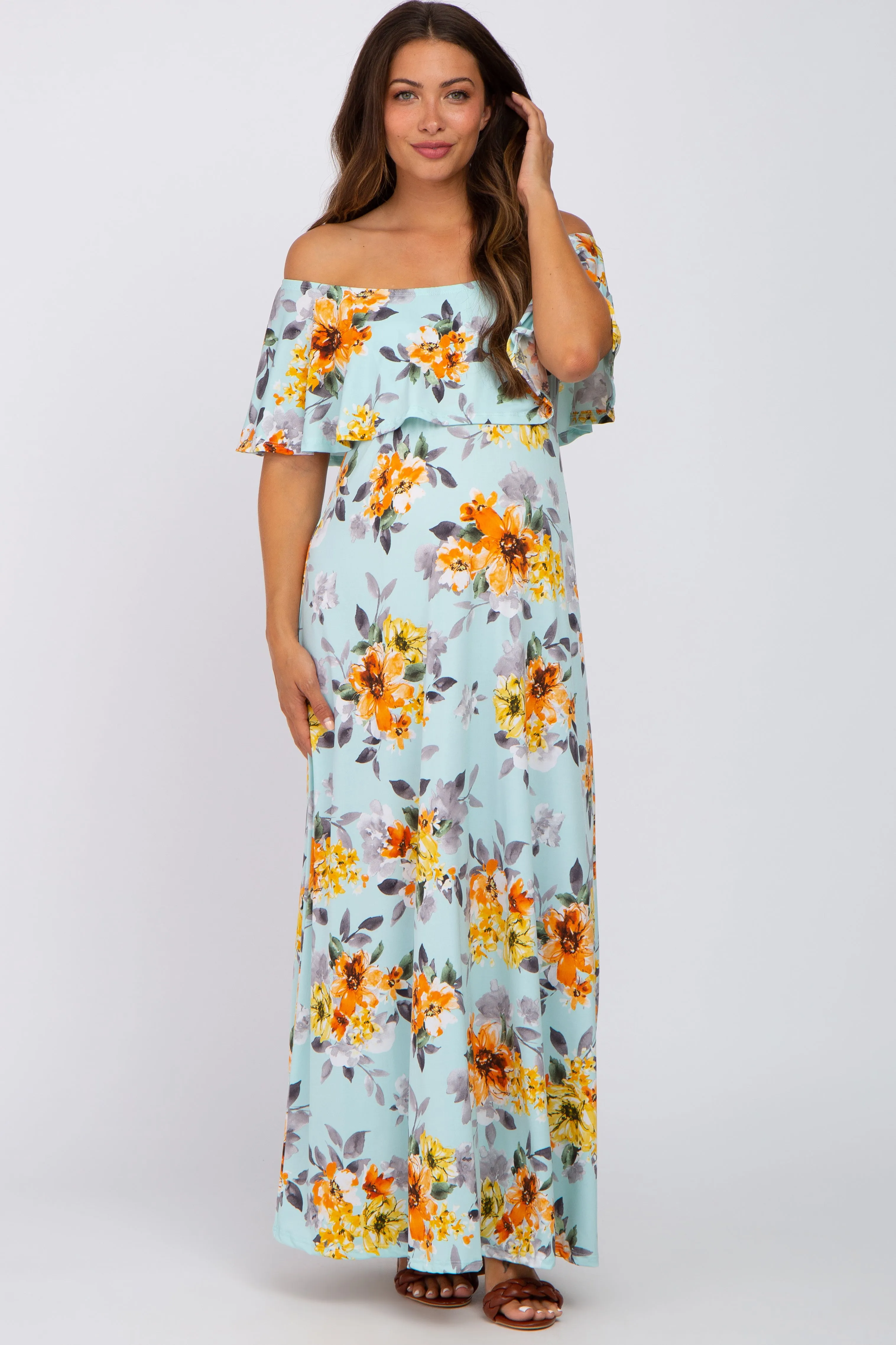 Light Blue Floral Off Shoulder Maternity Maxi Dress sold by Pinkblush
