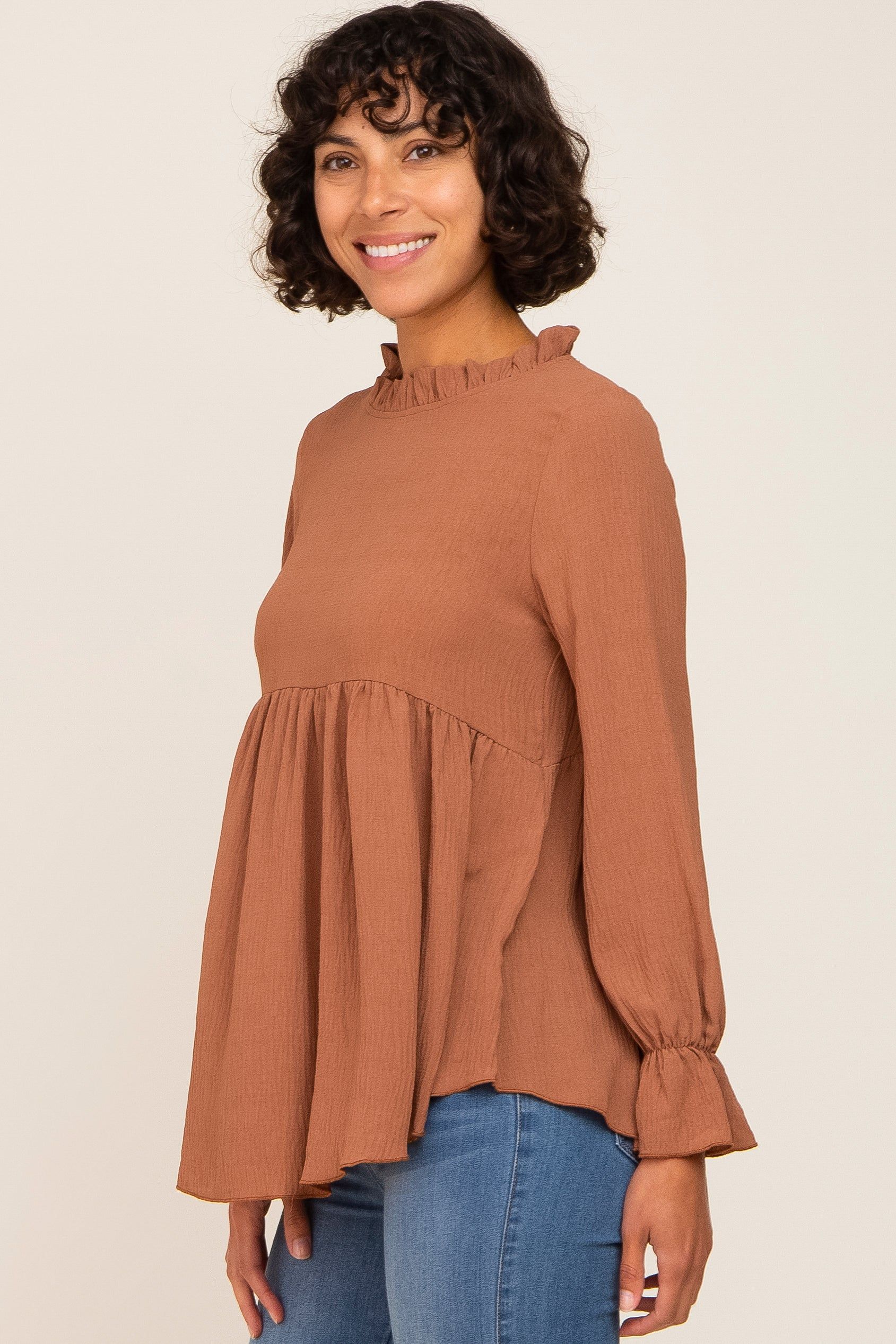 Camel Long Sleeve Ruffle Peplum Blouse sold by Pinkblush product image thumbnail 2