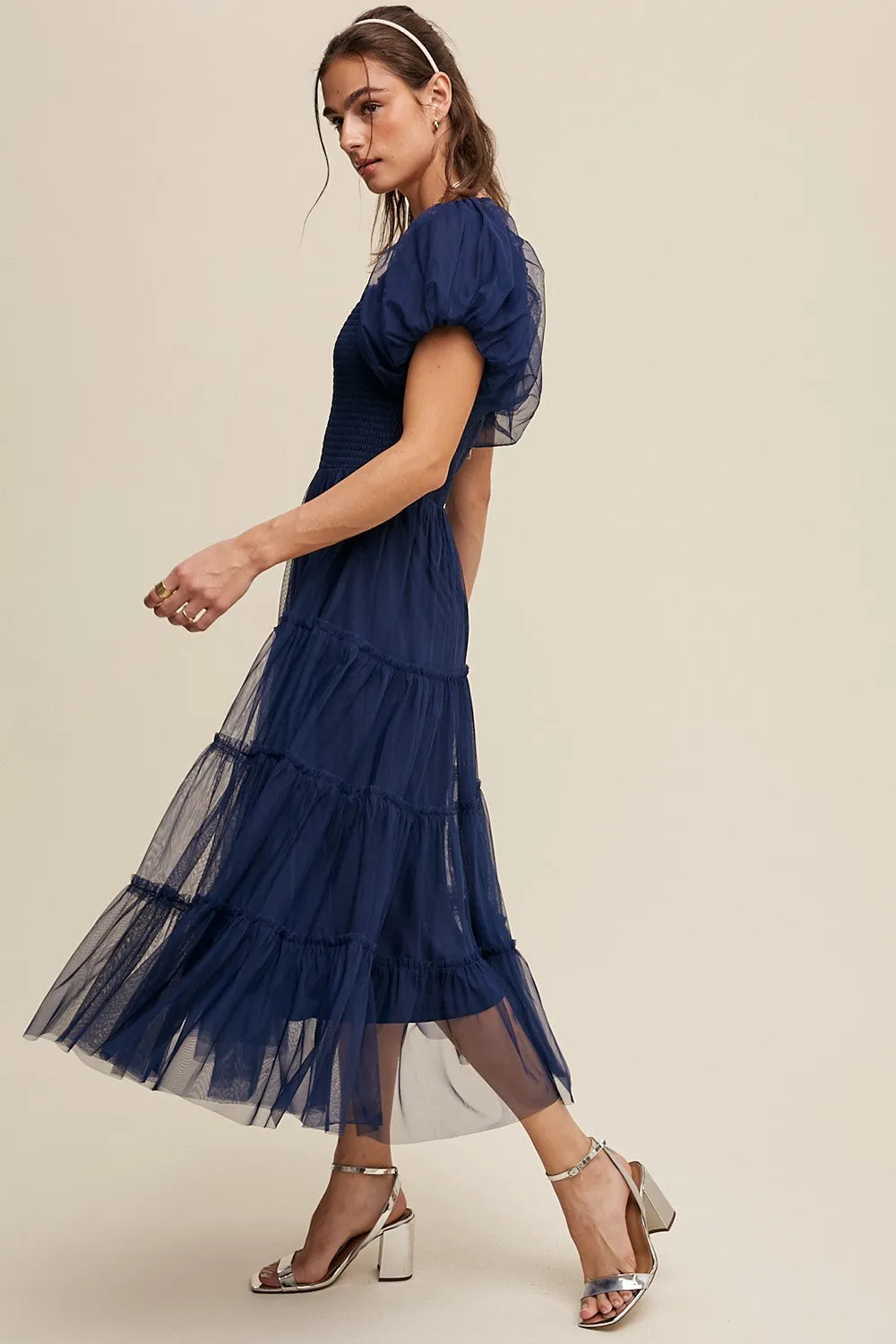 Navy Smocked Tiered Tulle Midi Dress sold by Pinkblush product image thumbnail 2