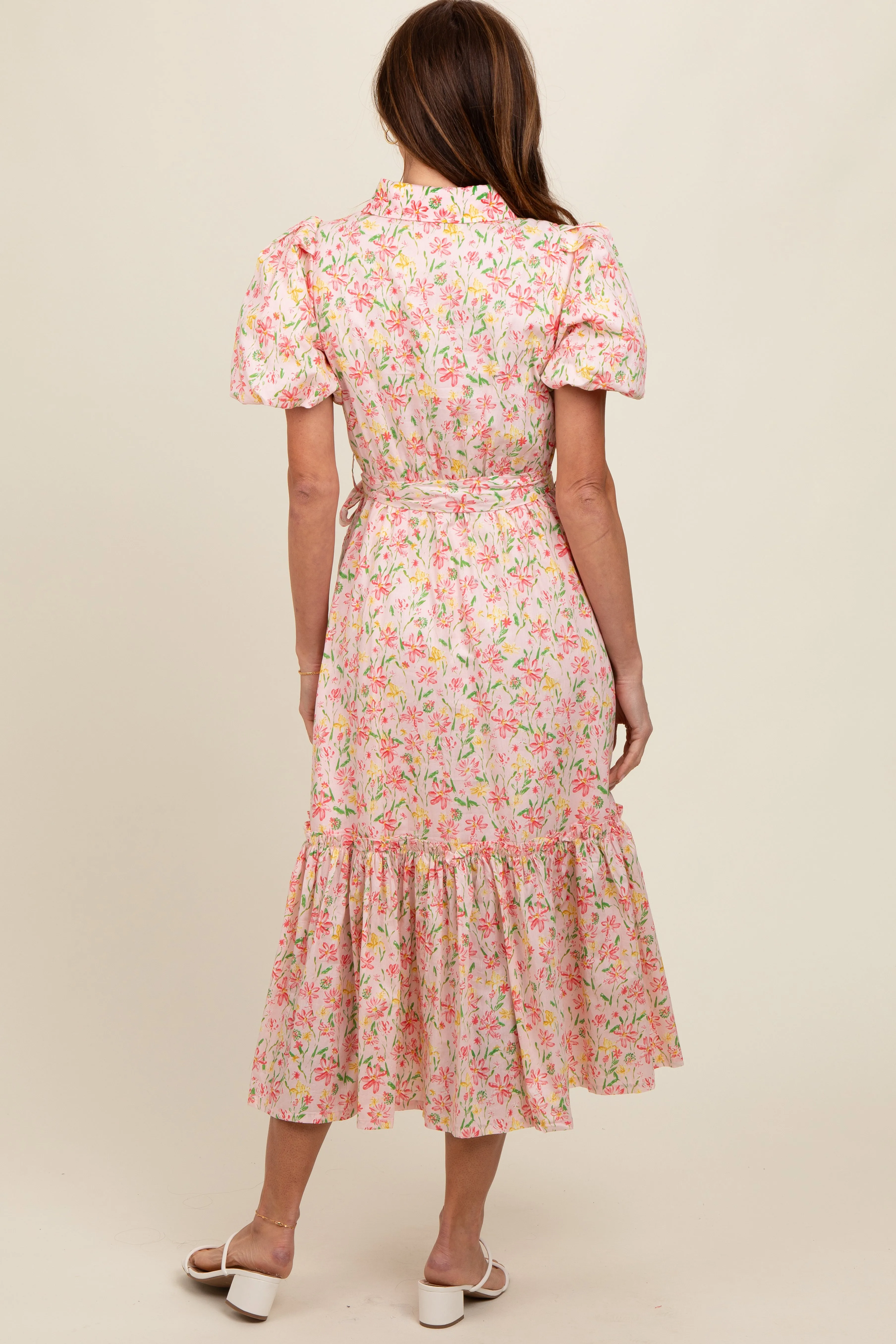 Pink Floral Puff Sleeve Button Down Midi Dress sold by Pinkblush product image thumbnail 3