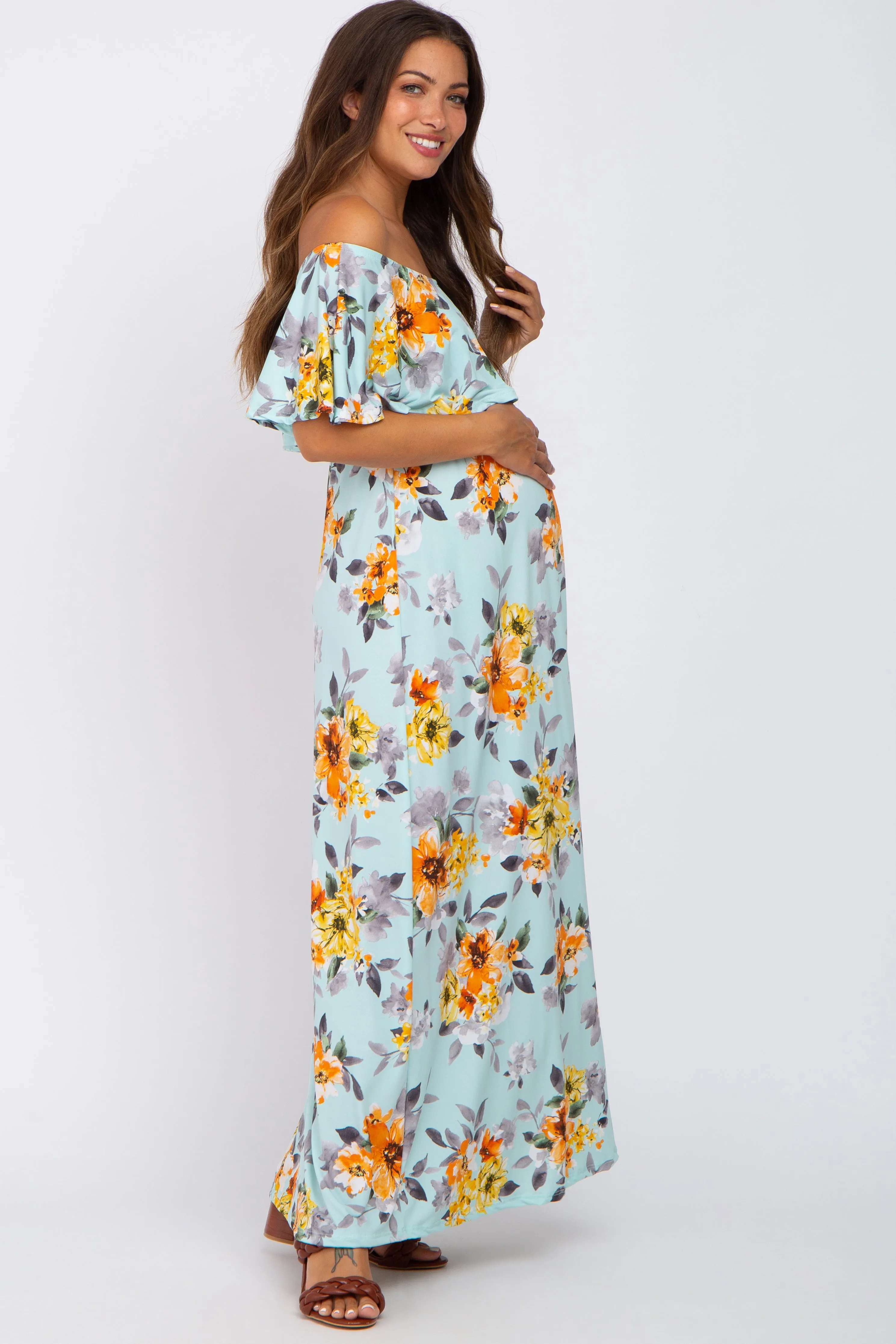Light Blue Floral Off Shoulder Maternity Maxi Dress sold by Pinkblush product image thumbnail 2