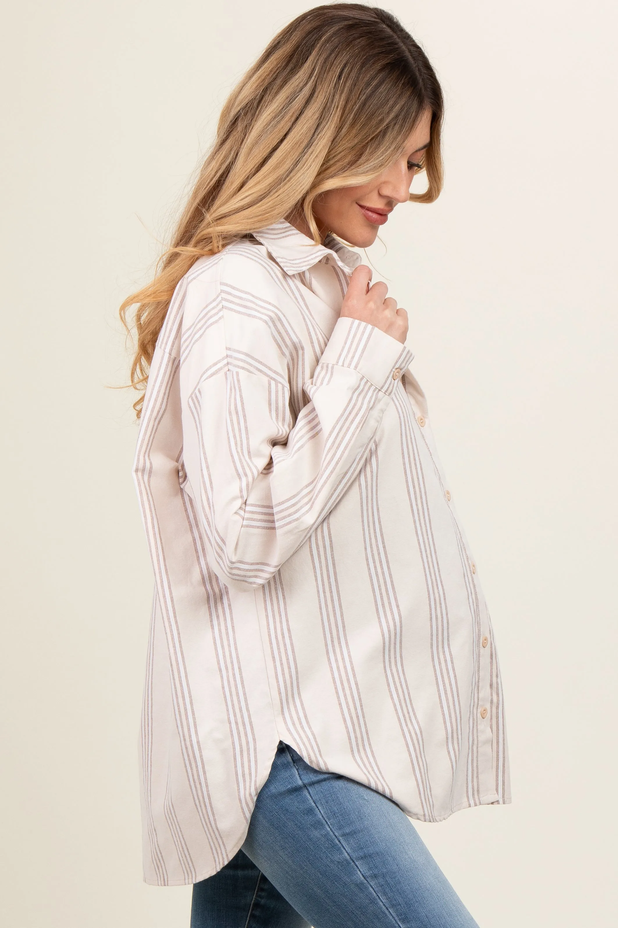 Taupe Stripe Button Down Maternity Shirt sold by Pinkblush product image thumbnail 2