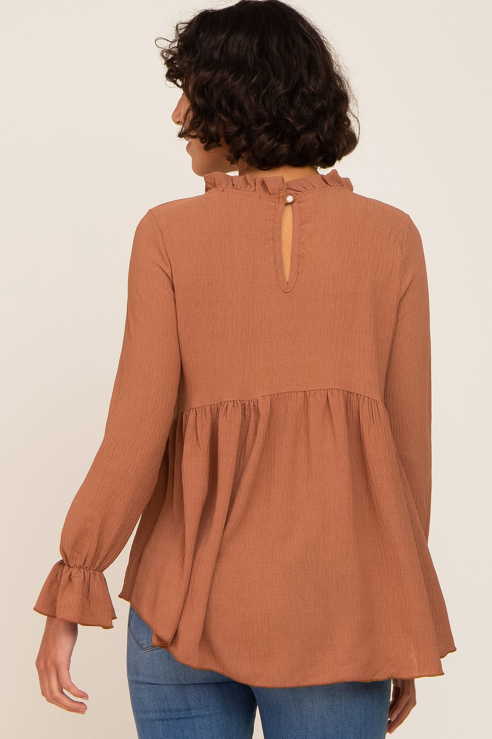 Camel Long Sleeve Ruffle Peplum Blouse sold by Pinkblush product image thumbnail 3