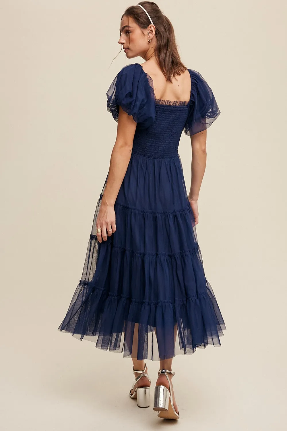 Navy Smocked Tiered Tulle Midi Dress sold by Pinkblush product image thumbnail 3