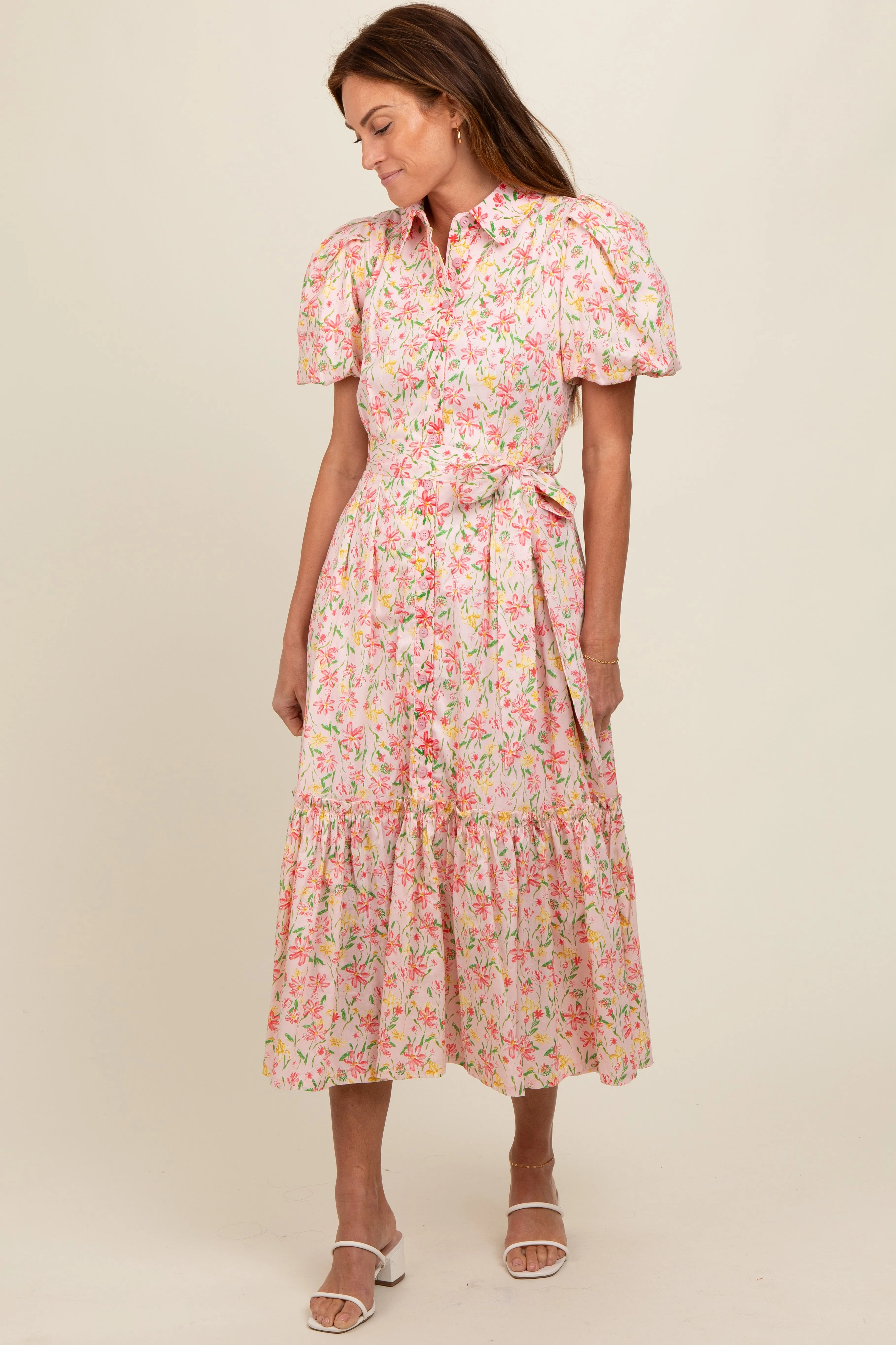 Pink Floral Puff Sleeve Button Down Midi Dress sold by Pinkblush