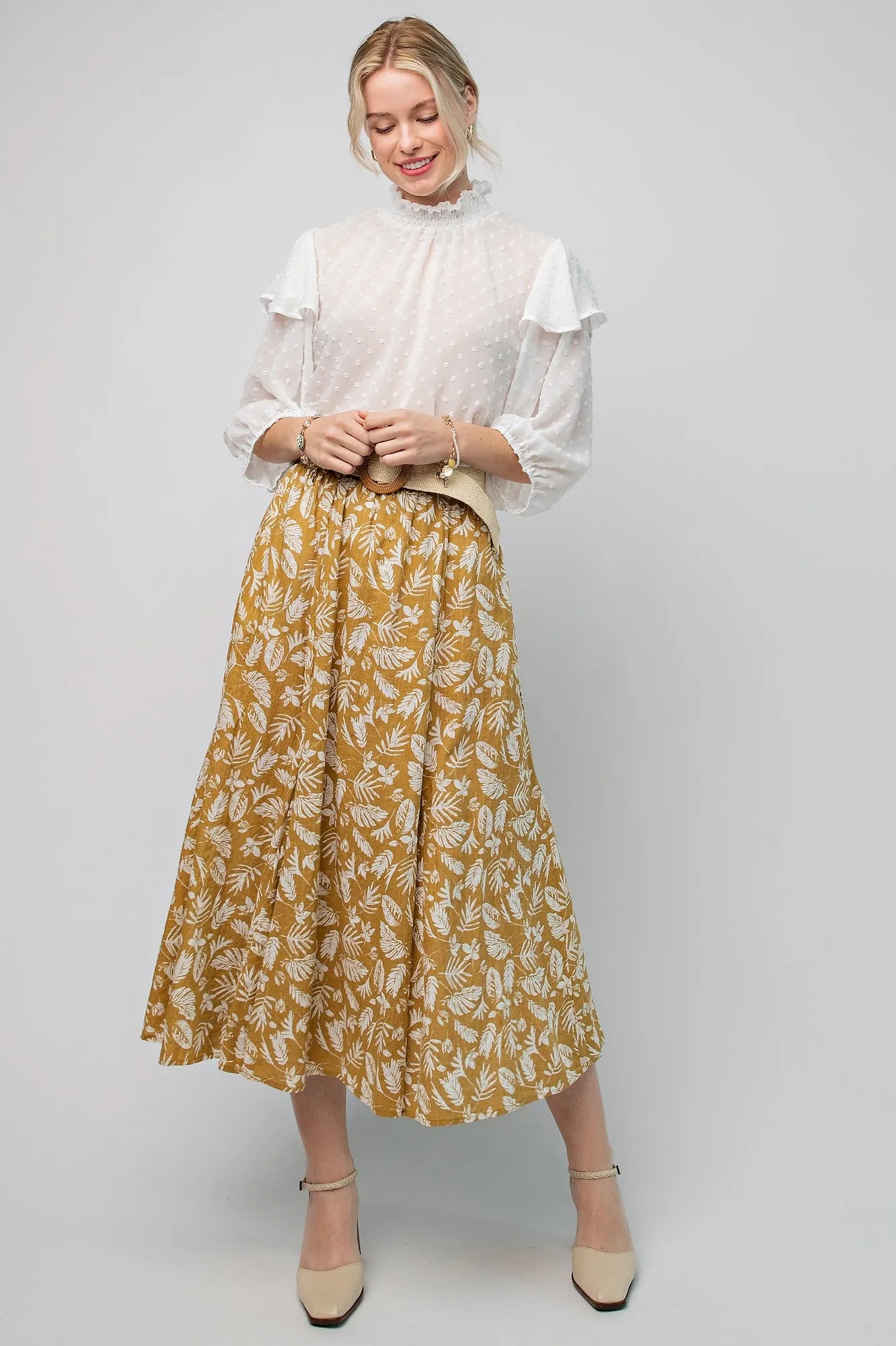 Mustard Floral Pleated Midi Skirt sold by Pinkblush
