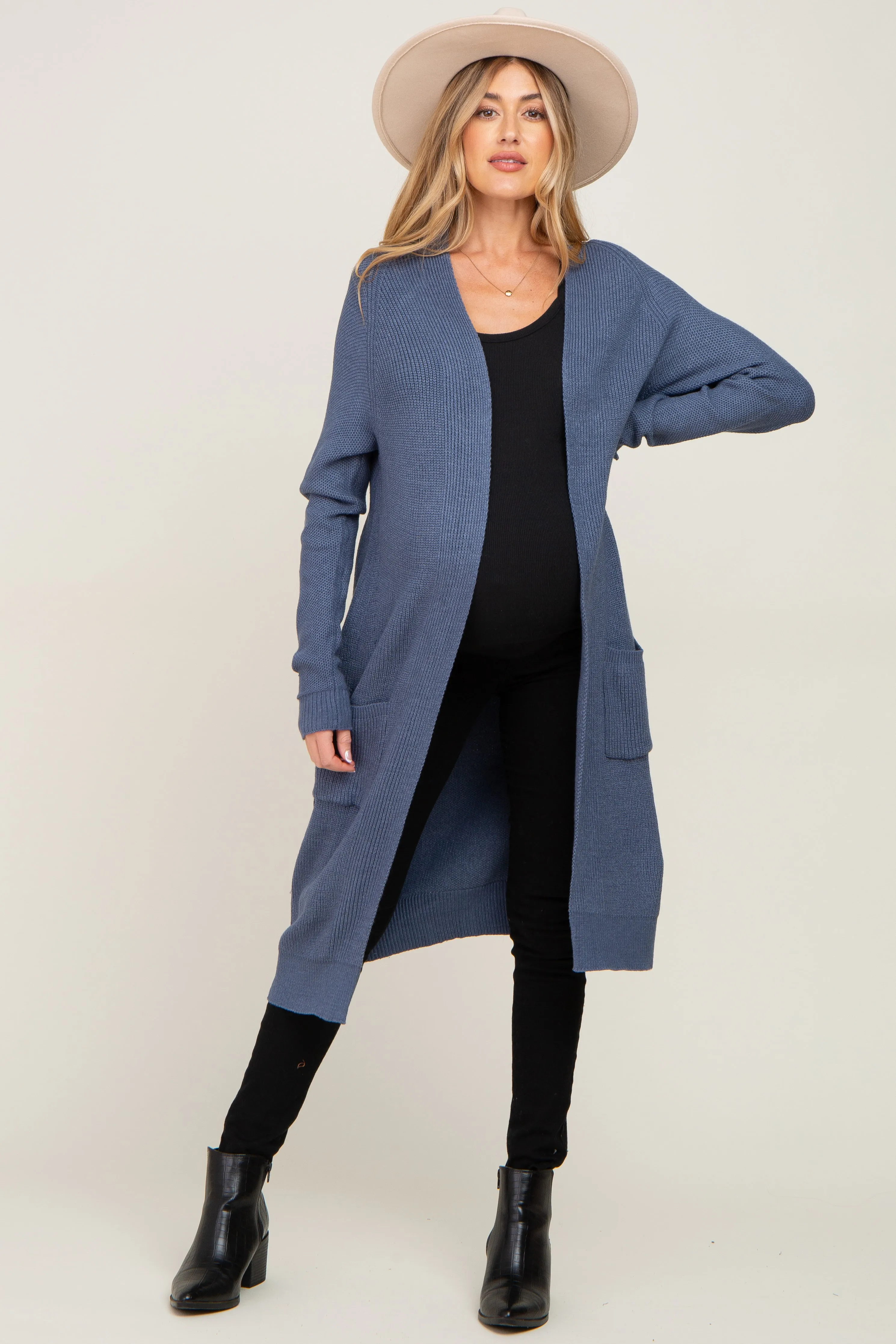 Blue Open Front Long Maternity Cardigan sold by Pinkblush