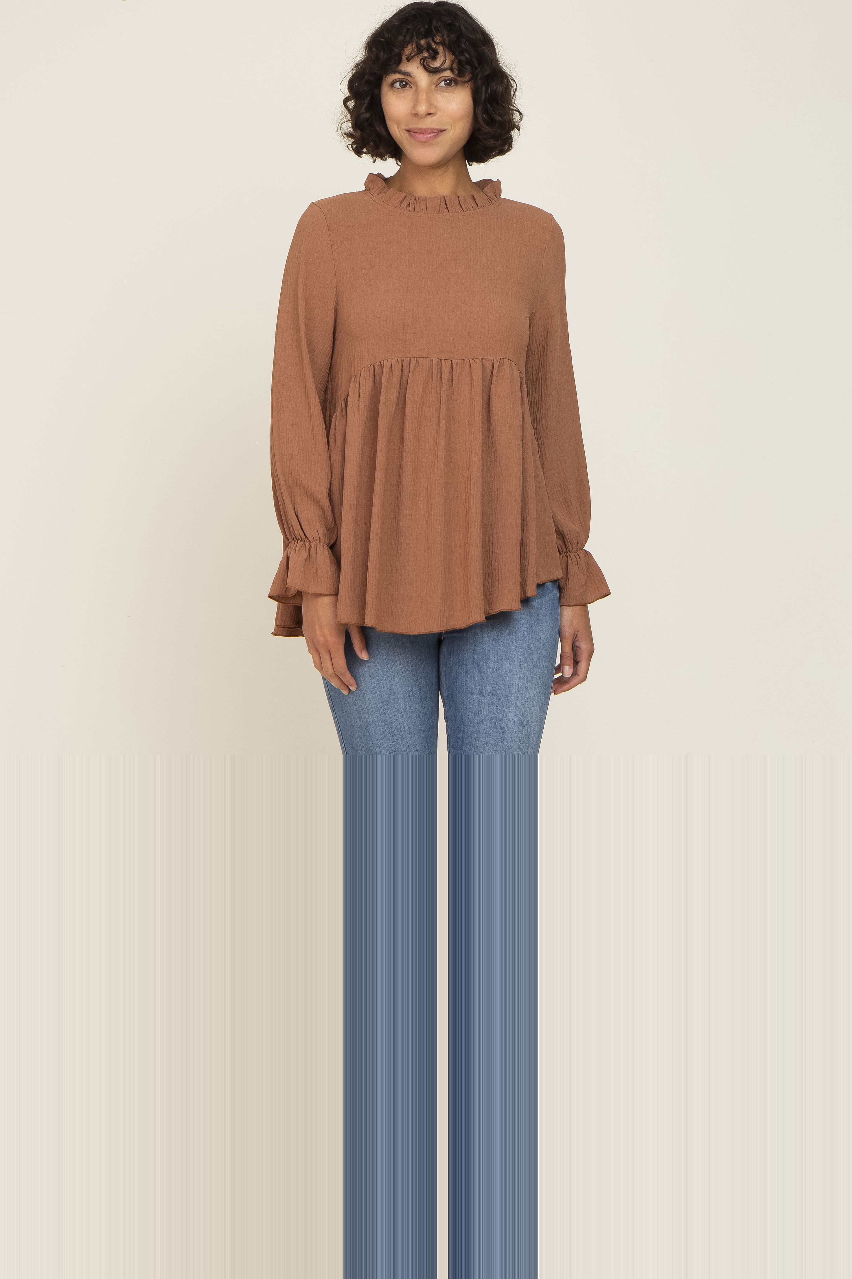 Camel Long Sleeve Ruffle Peplum Blouse sold by Pinkblush product image thumbnail 4