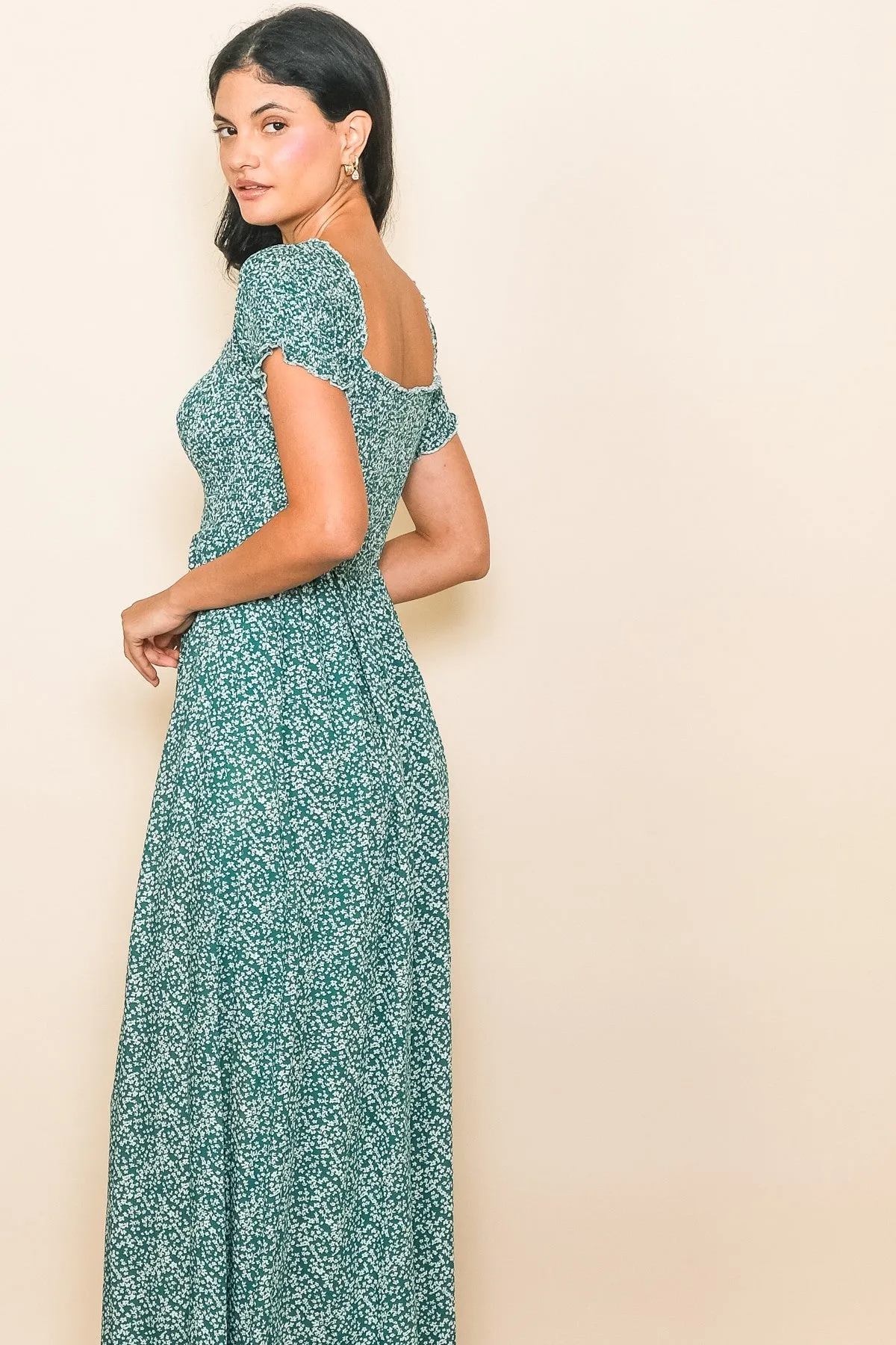 Green Floral Smocked Fitted Sleeve Side Slit Maxi Dress sold by Pinkblush product image thumbnail 4