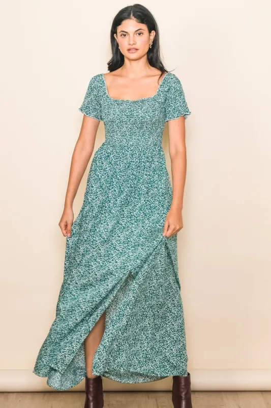 Green Floral Smocked Fitted Sleeve Side Slit Maxi Dress sold by Pinkblush