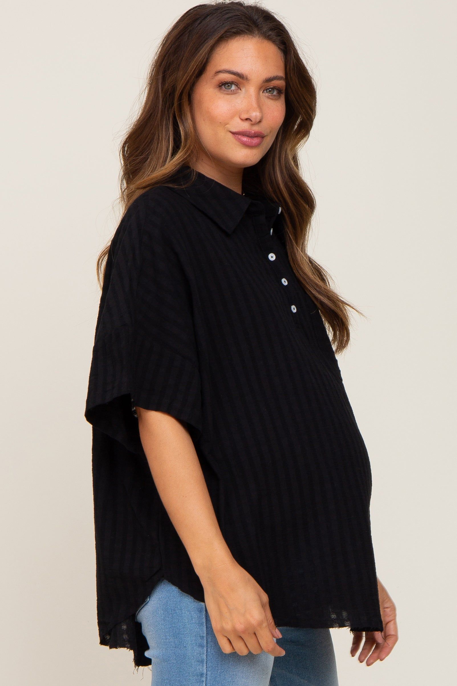 Black Striped Collared Maternity Top sold by Pinkblush product image thumbnail 2