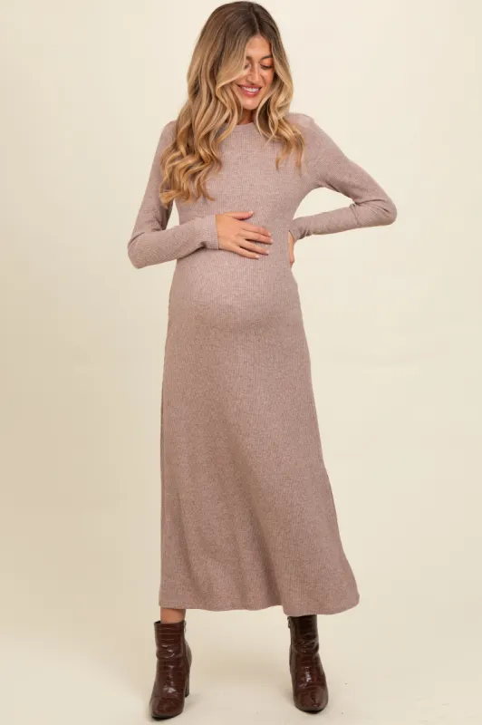 Mocha Ribbed Knit Side Slit Maternity Midi Dress sold by Pinkblush