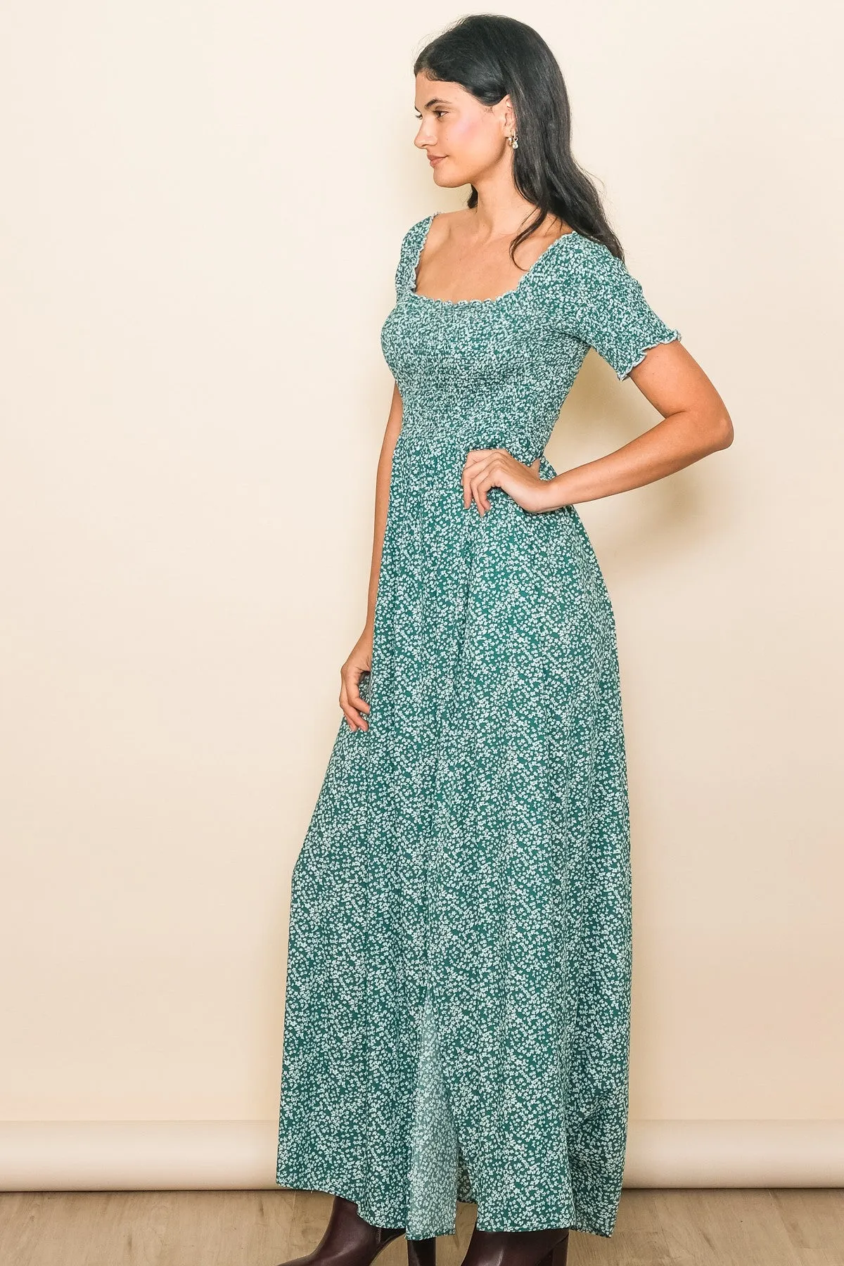 Green Floral Smocked Fitted Sleeve Side Slit Maxi Dress sold by Pinkblush product image thumbnail 2