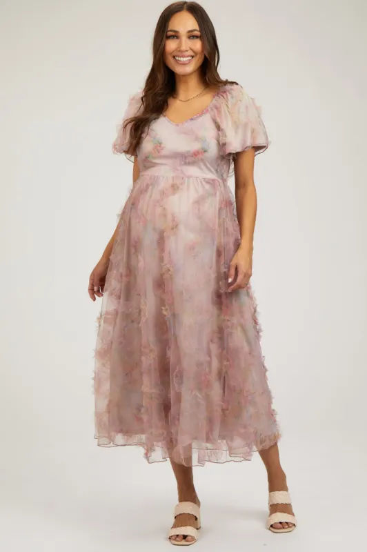 Light Pink Floral Ruffle Applique Puff Sleeve Maternity Midi Dress sold by Pinkblush