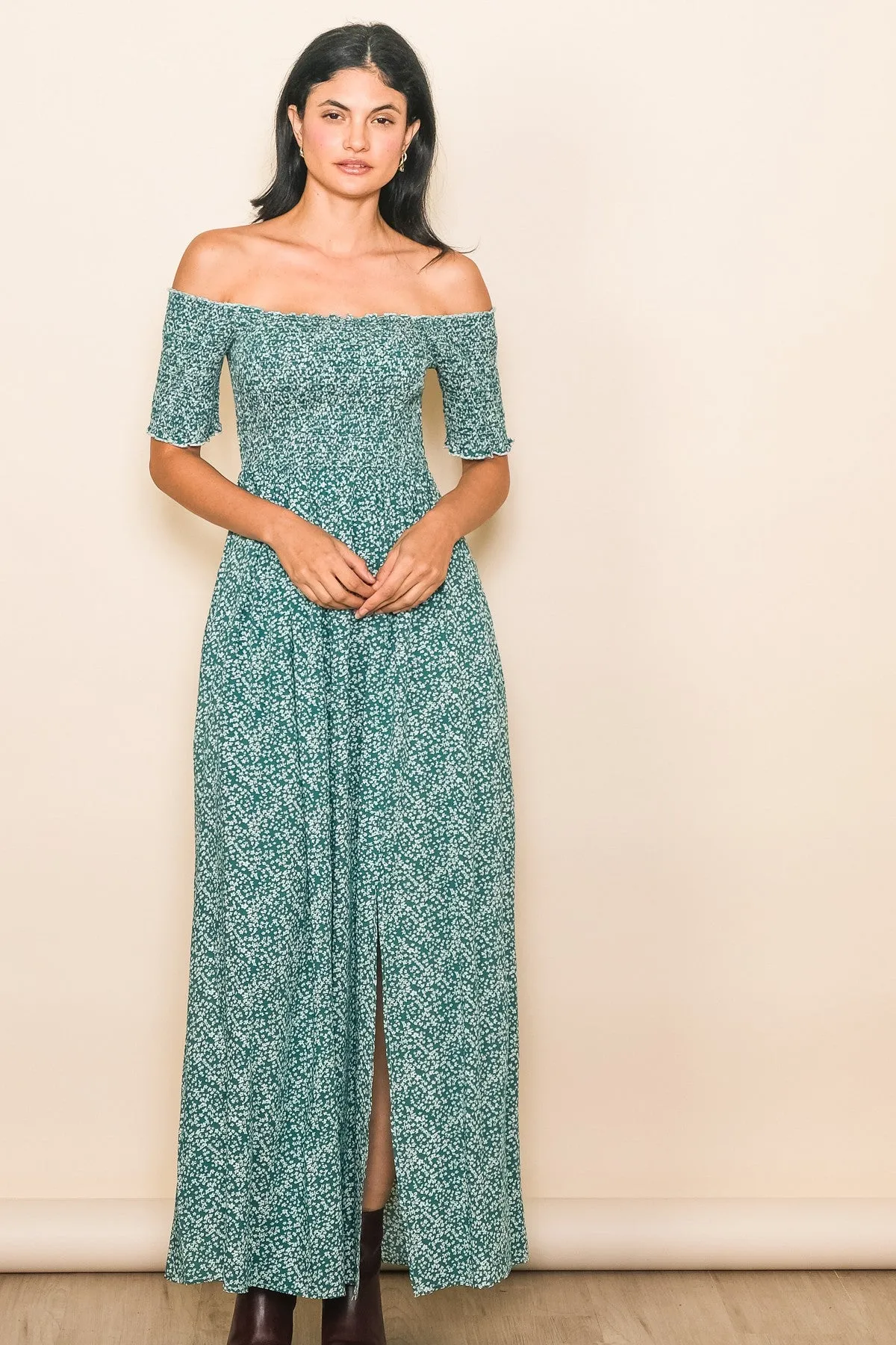 Green Floral Smocked Fitted Sleeve Side Slit Maxi Dress sold by Pinkblush product image thumbnail 3