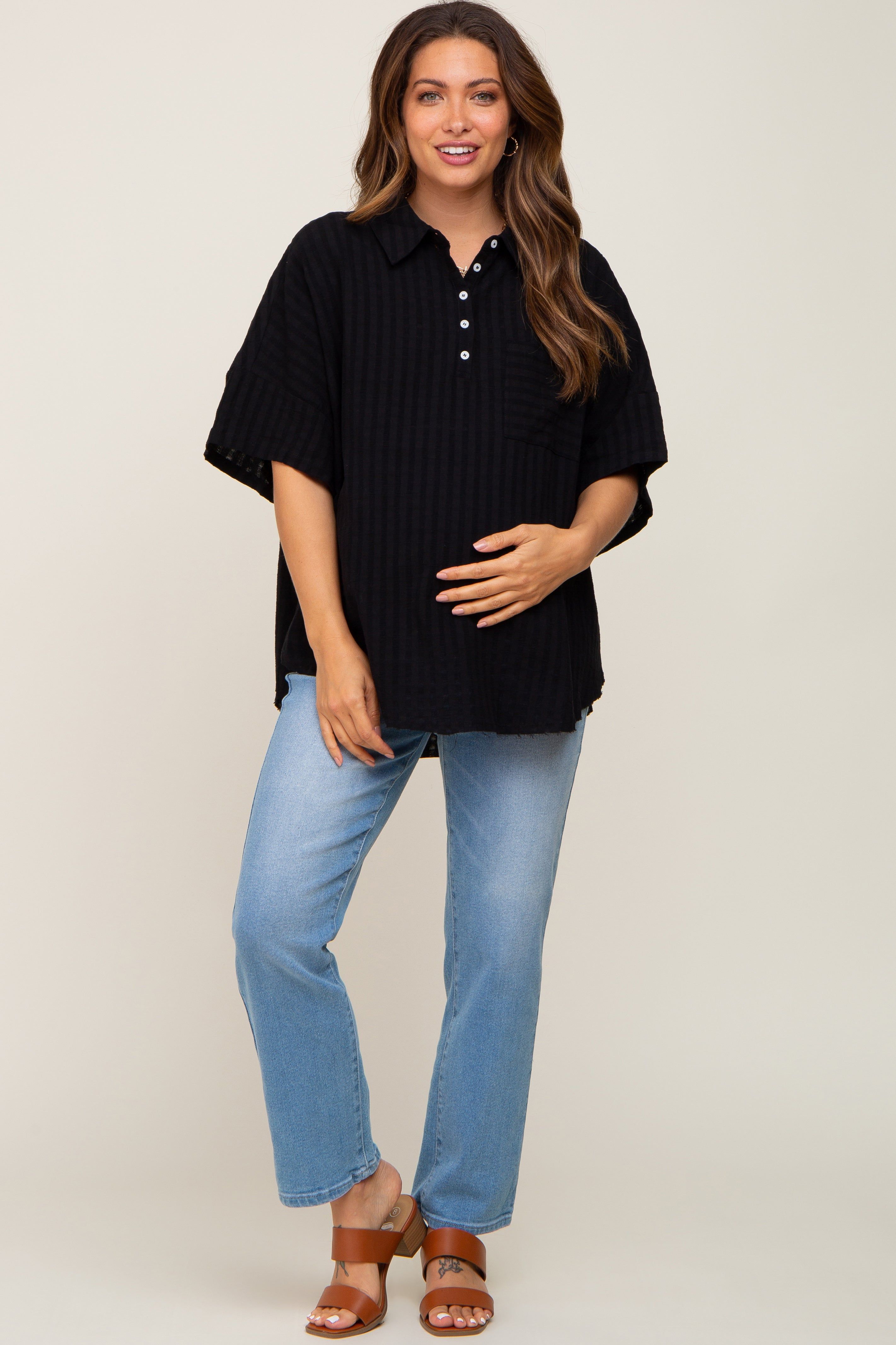 Black Striped Collared Maternity Top sold by Pinkblush product image thumbnail 4
