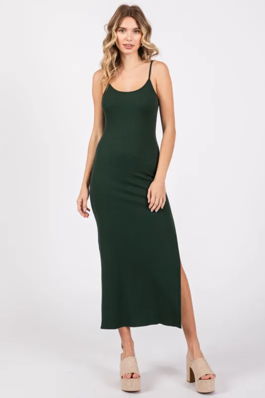 Forest Green Ribbed Sleeveless Side Slit Dress made by Dress Forum