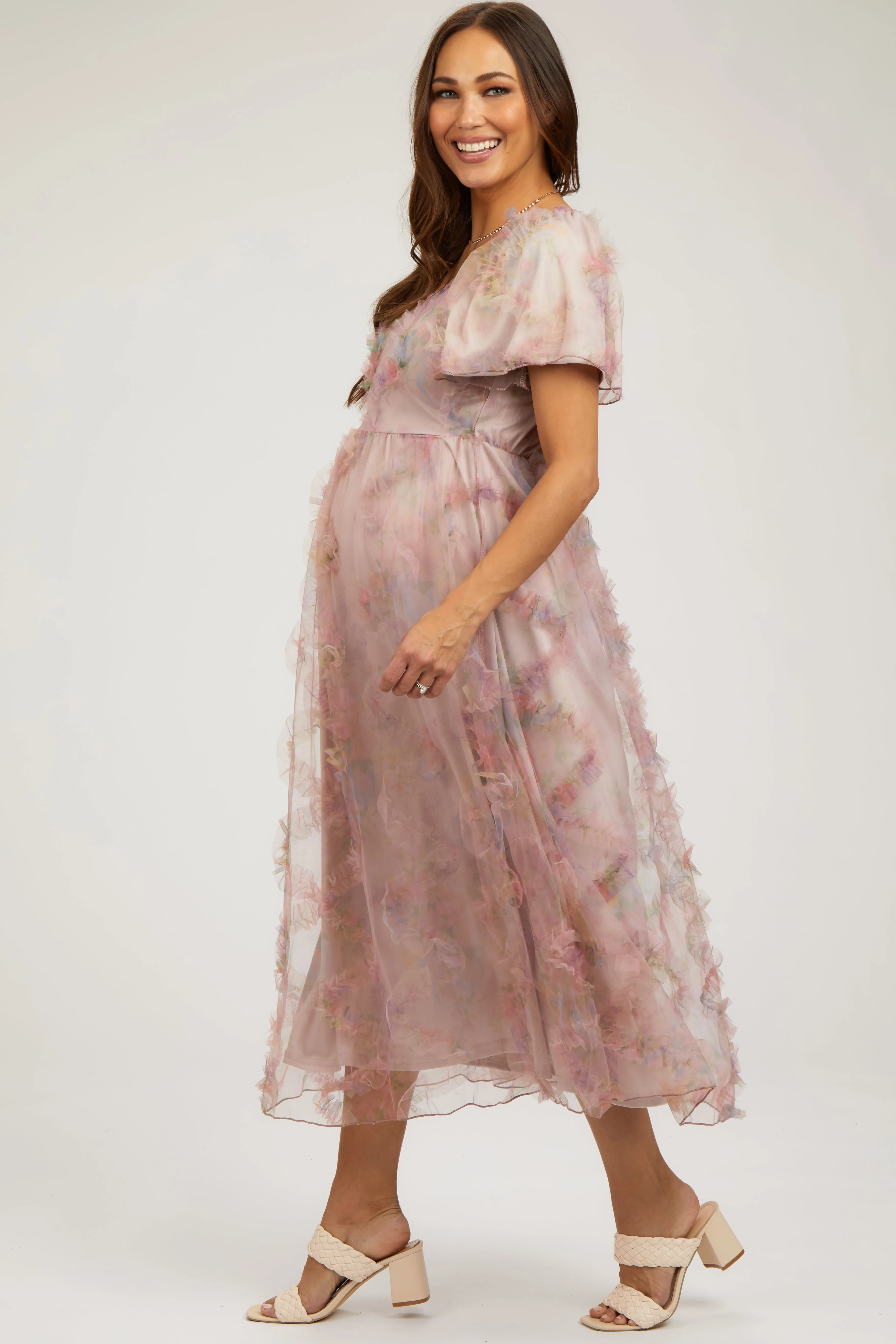 Light Pink Floral Ruffle Applique Puff Sleeve Maternity Midi Dress sold by Pinkblush product image thumbnail 2