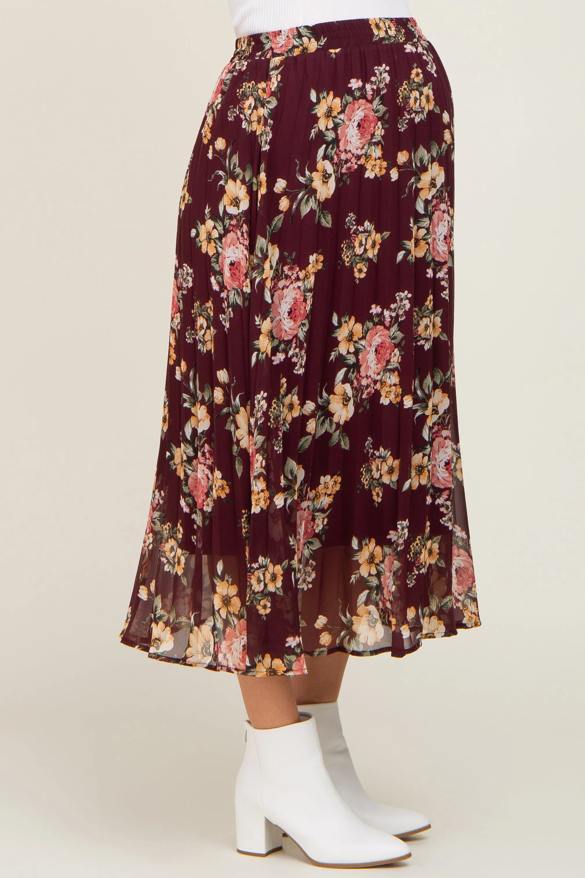 Burgundy Floral Chiffon Pleated Maternity Skirt sold by Pinkblush product image thumbnail 3