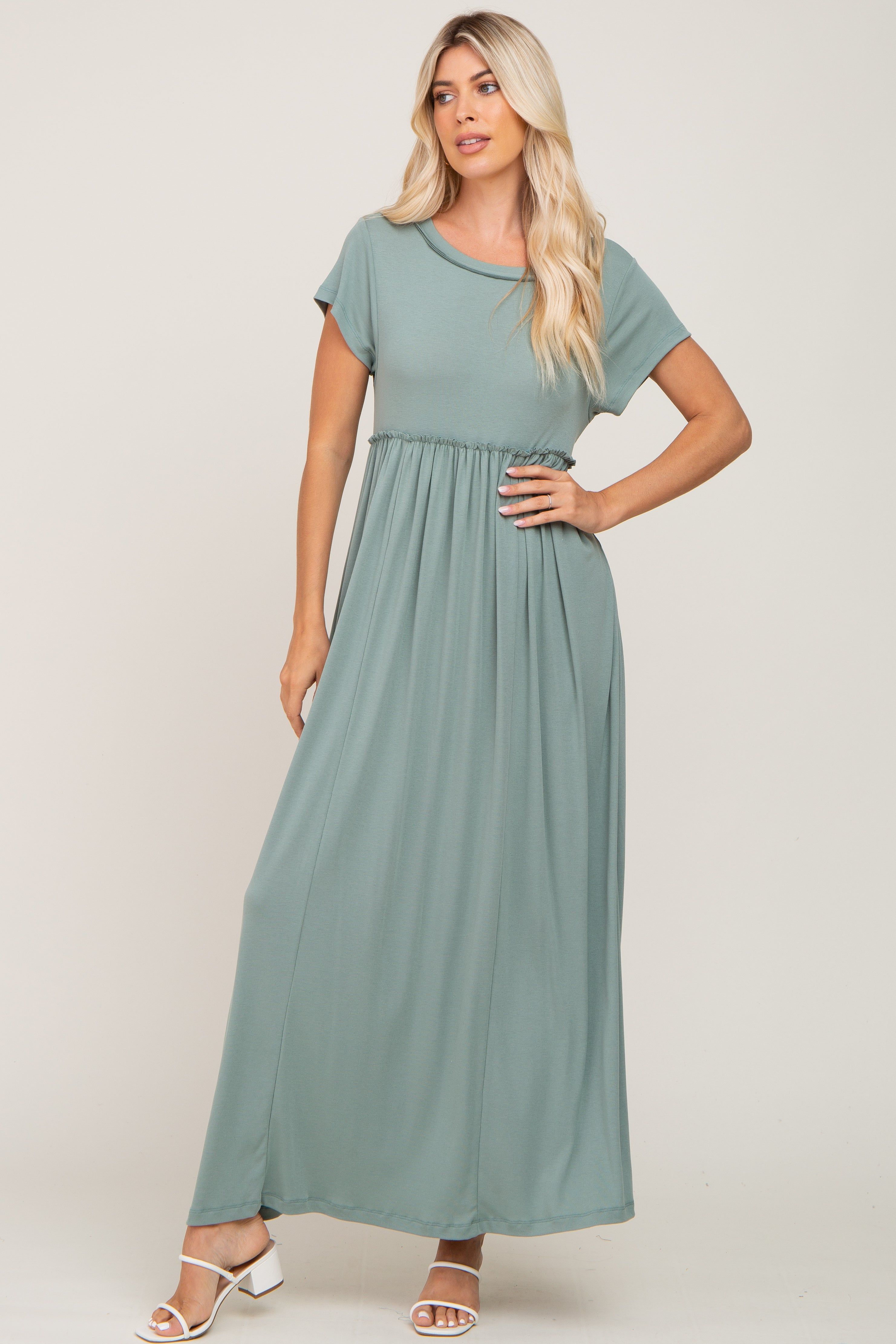 Sage Short Sleeve Babydoll Maxi Dress sold by Pinkblush