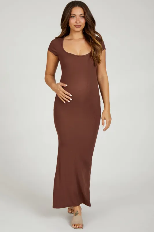 Brown Ribbed Scoop Neck Maternity Maxi Dress sold by Pinkblush