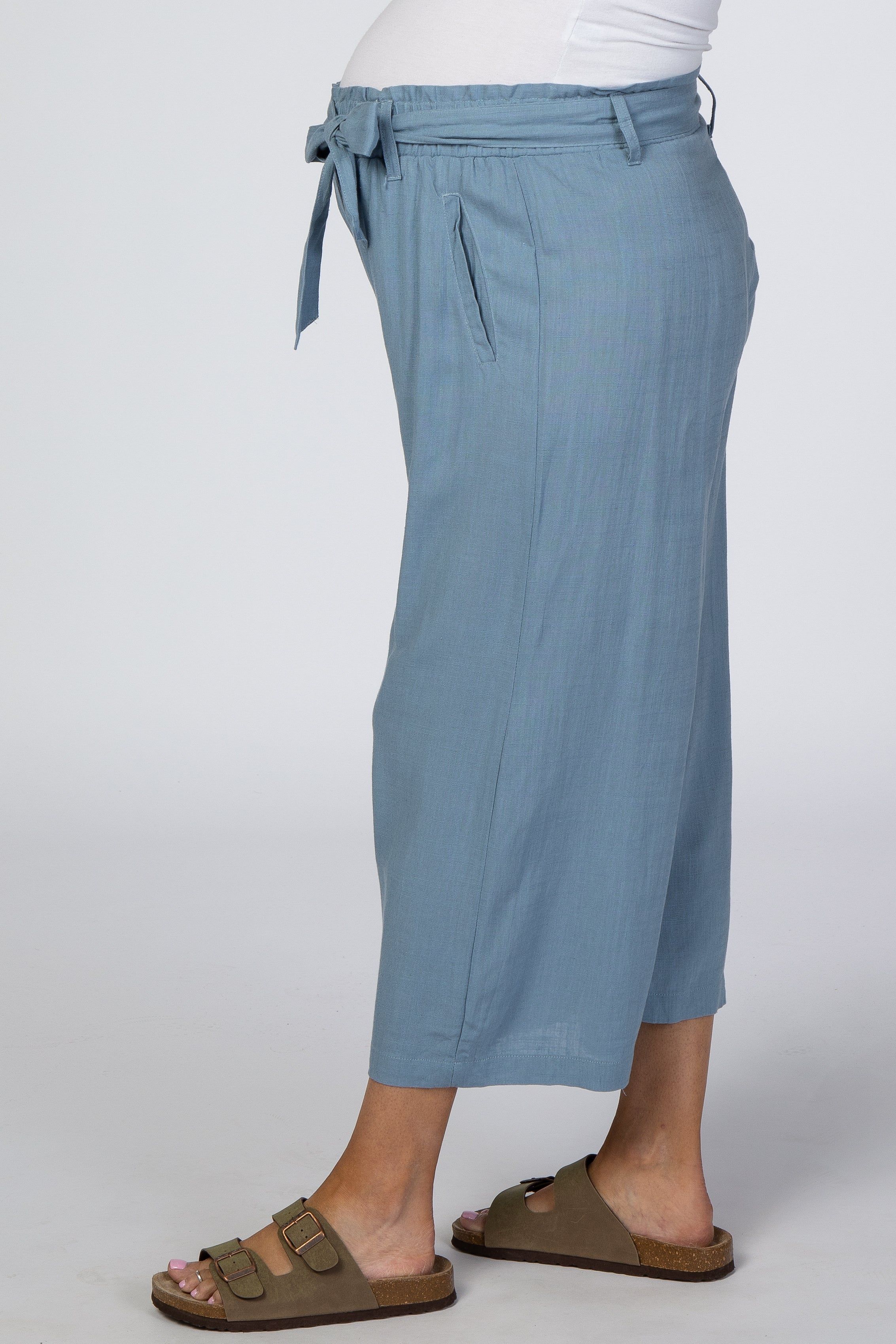 Blue Linen Waist Tie Crop Wide Leg Maternity Pants sold by Pinkblush product image thumbnail 3