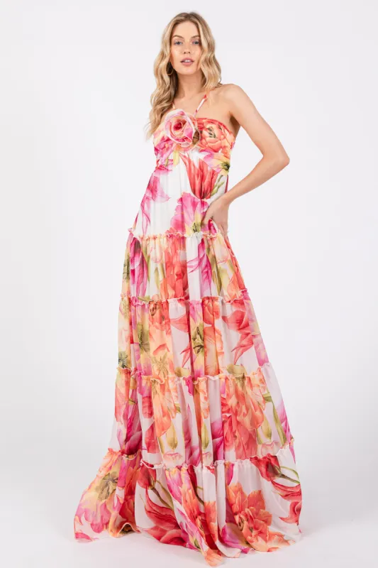 Pink Floral Top Accent Tiered Maxi Dress sold by Pinkblush