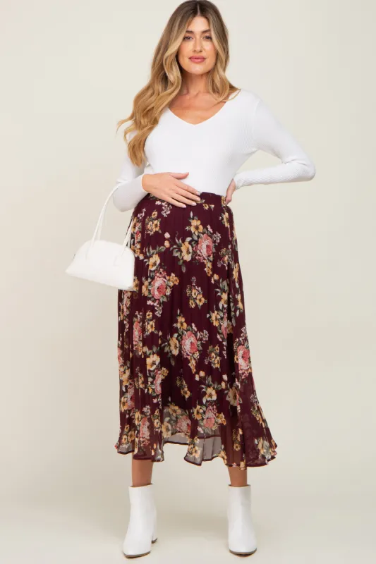 Burgundy Floral Chiffon Pleated Maternity Skirt sold by Pinkblush