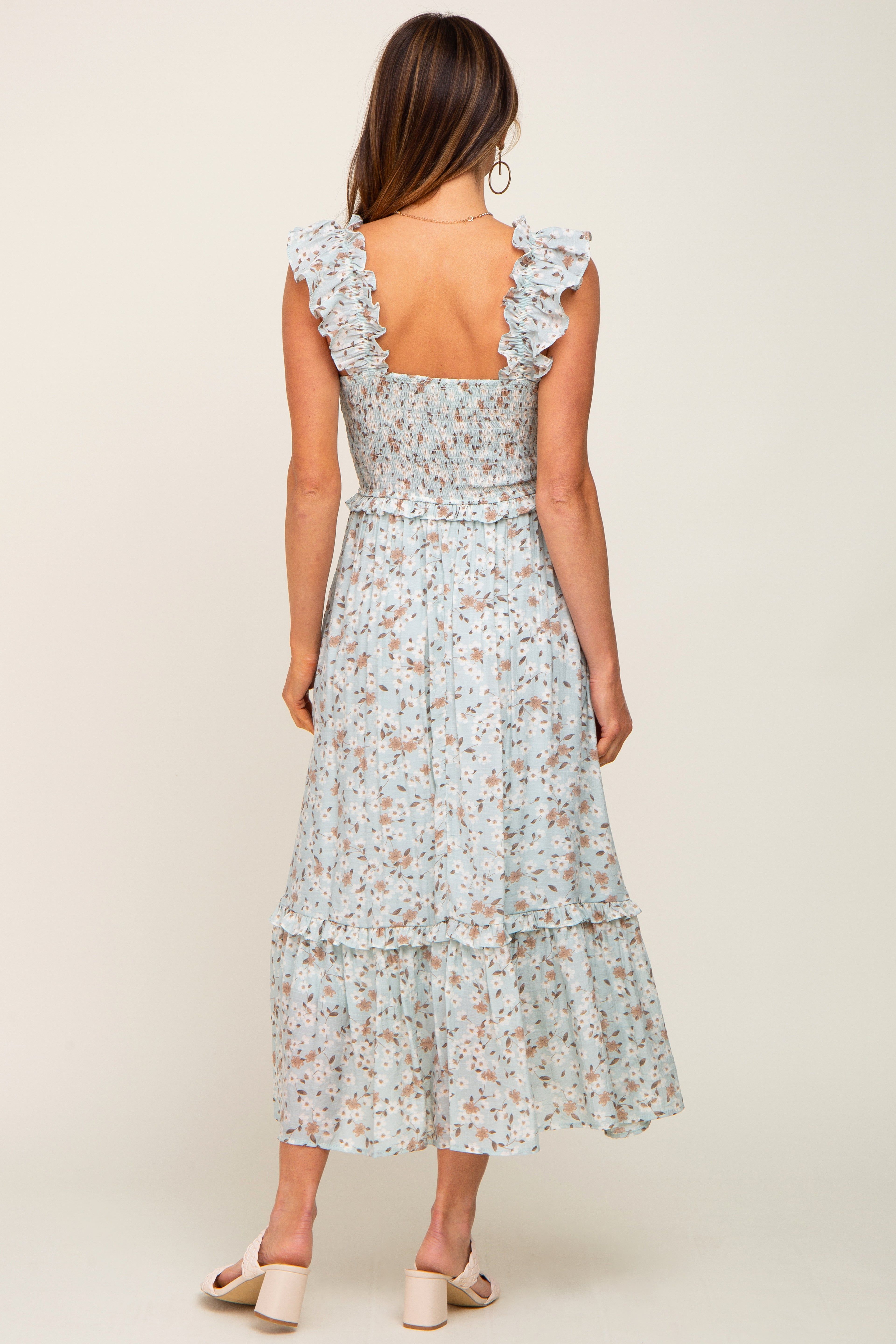 Mint Green Floral Smocked Tiered Midi Dress sold by Pinkblush product image thumbnail 3