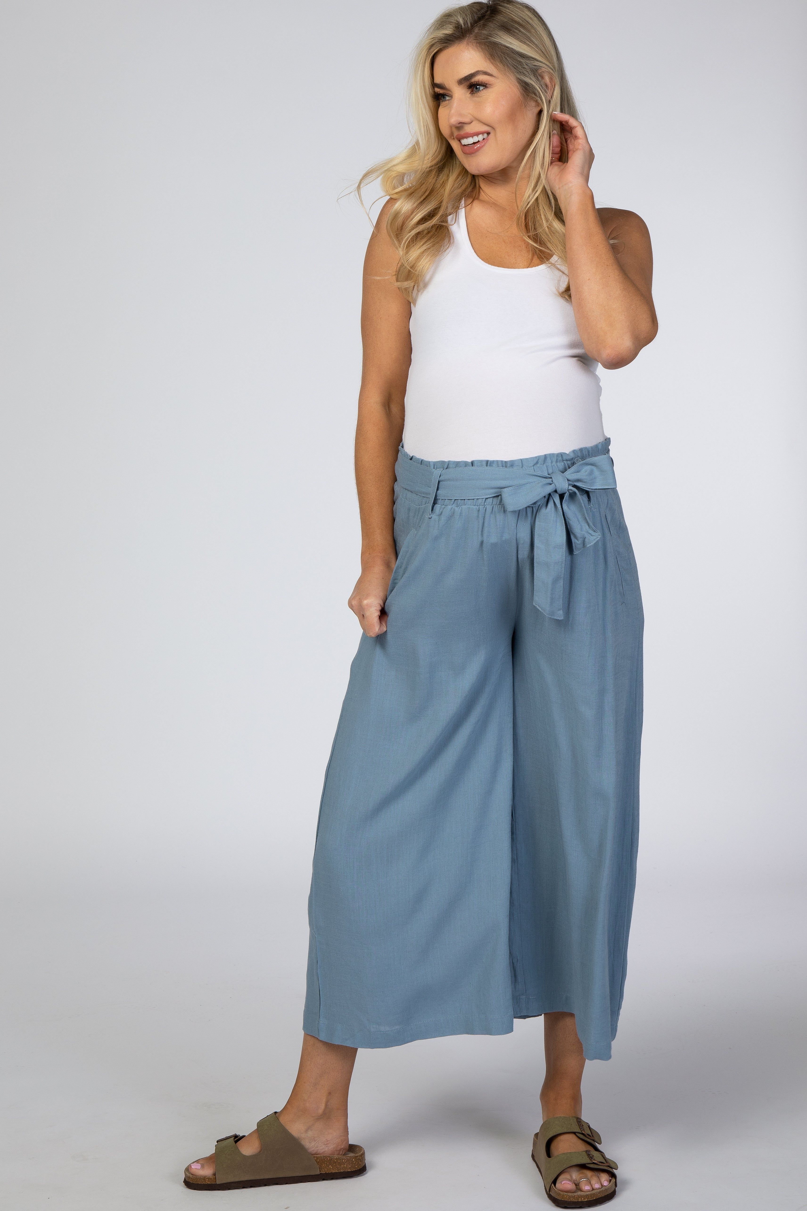 Blue Linen Waist Tie Crop Wide Leg Maternity Pants sold by Pinkblush