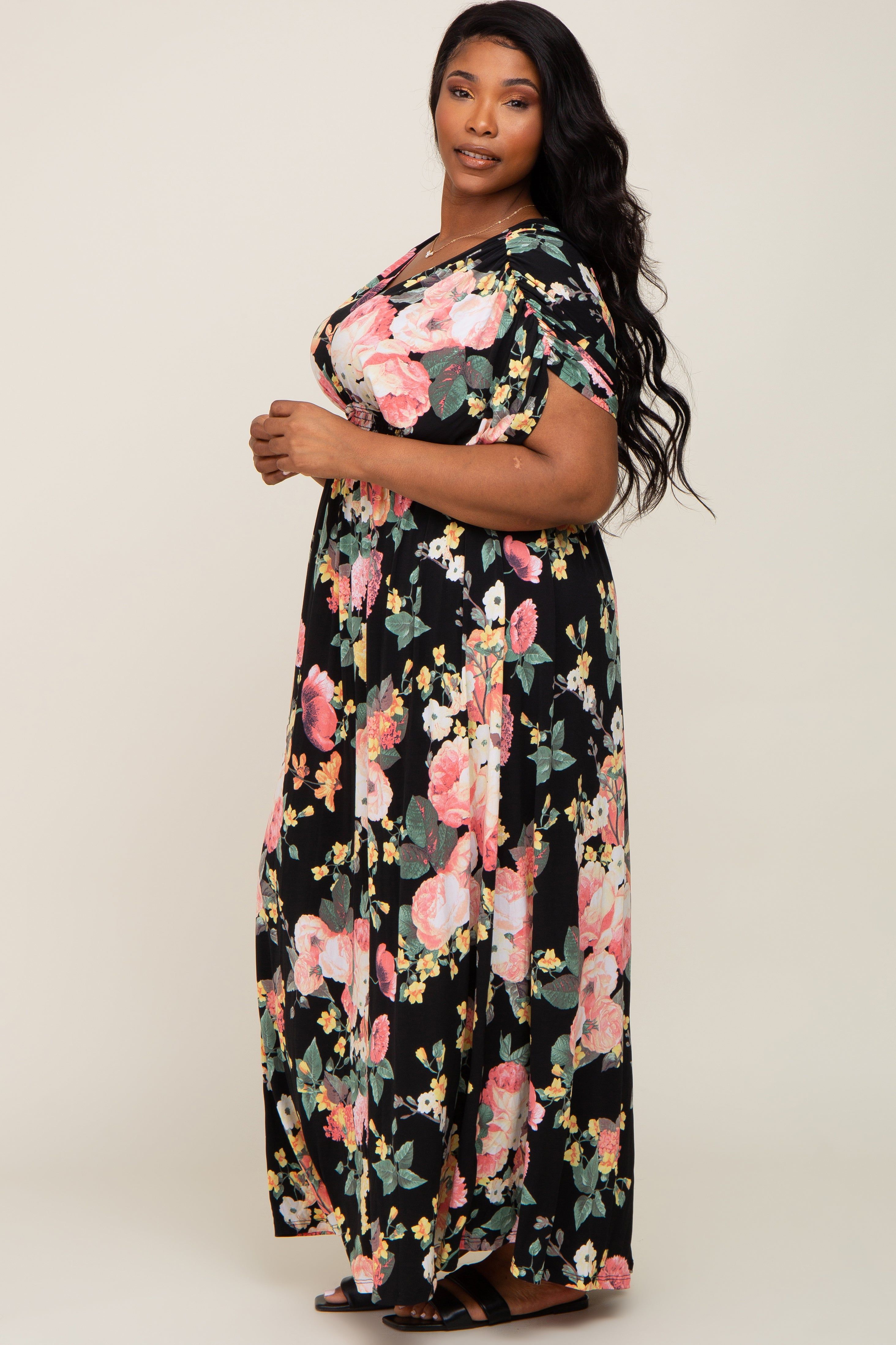 Black Floral Deep V-Neck Plus Maxi Dress sold by Pinkblush product image thumbnail 2
