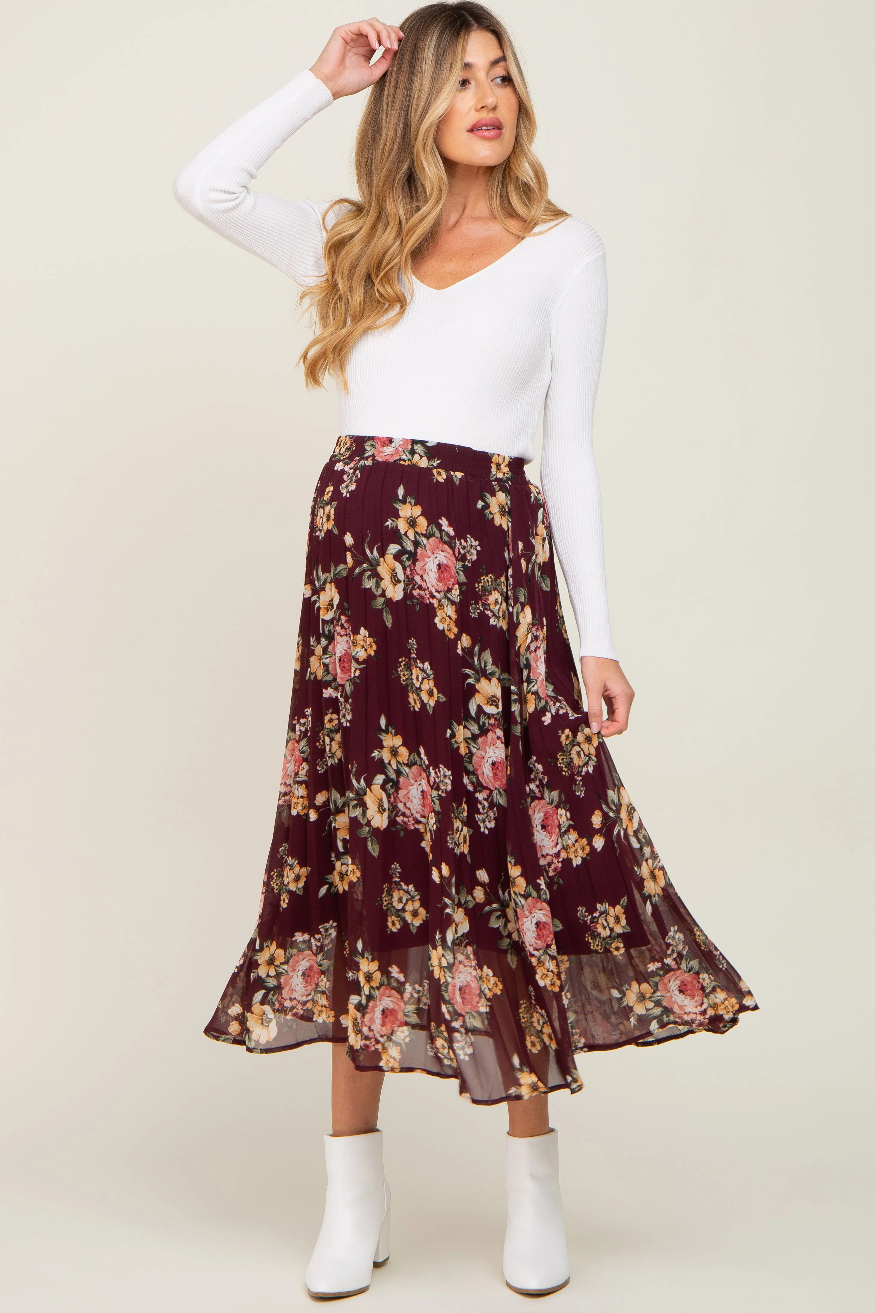 Burgundy Floral Chiffon Pleated Maternity Skirt sold by Pinkblush product image thumbnail 5