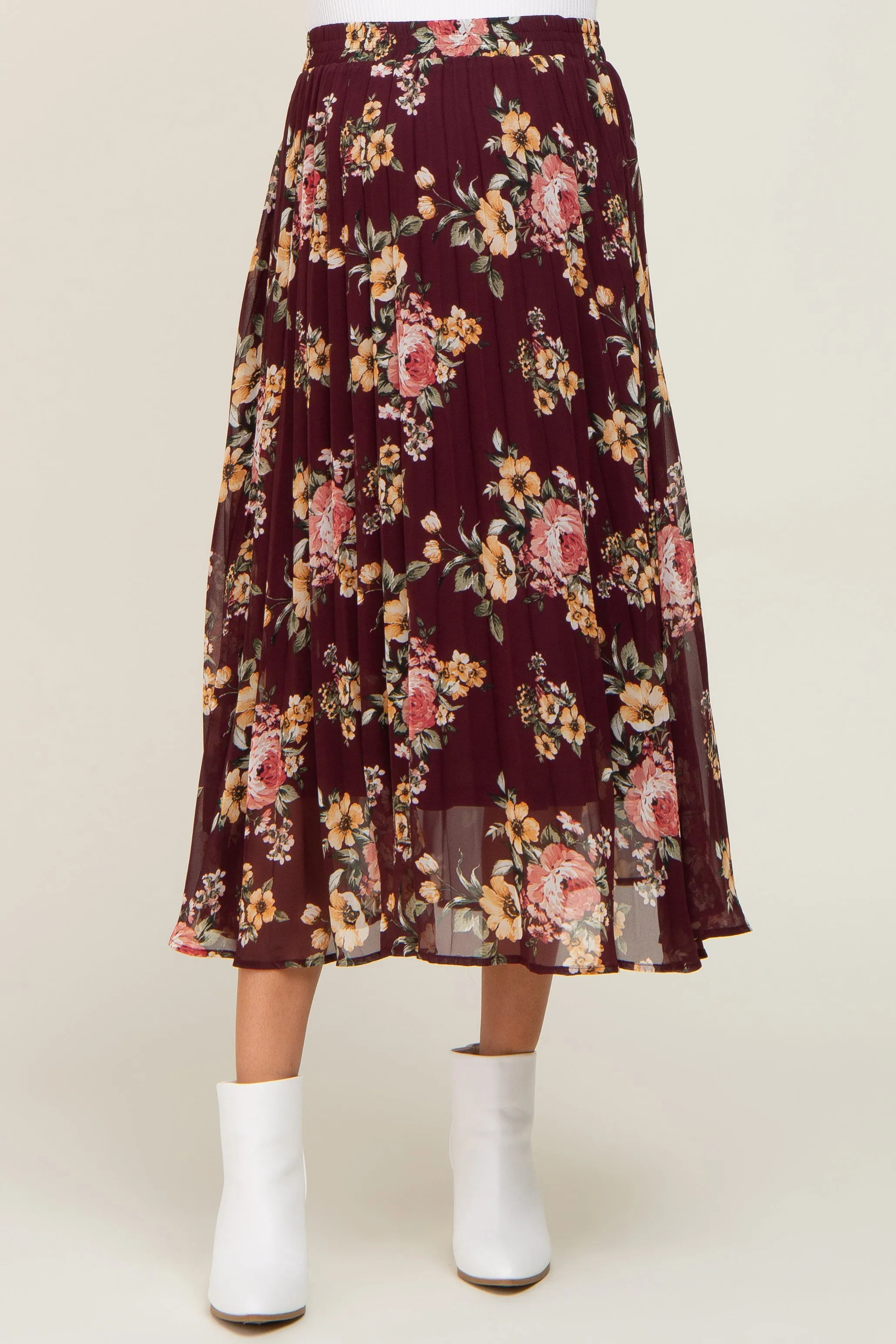 Burgundy Floral Chiffon Pleated Maternity Skirt sold by Pinkblush product image thumbnail 2